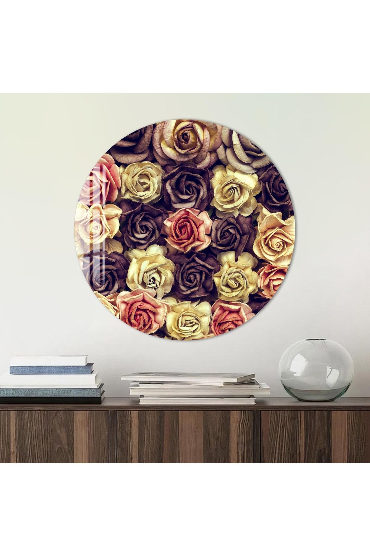 Artmate Yuvarlak Temperli Kırılmaz Çiçek Cam Tablo