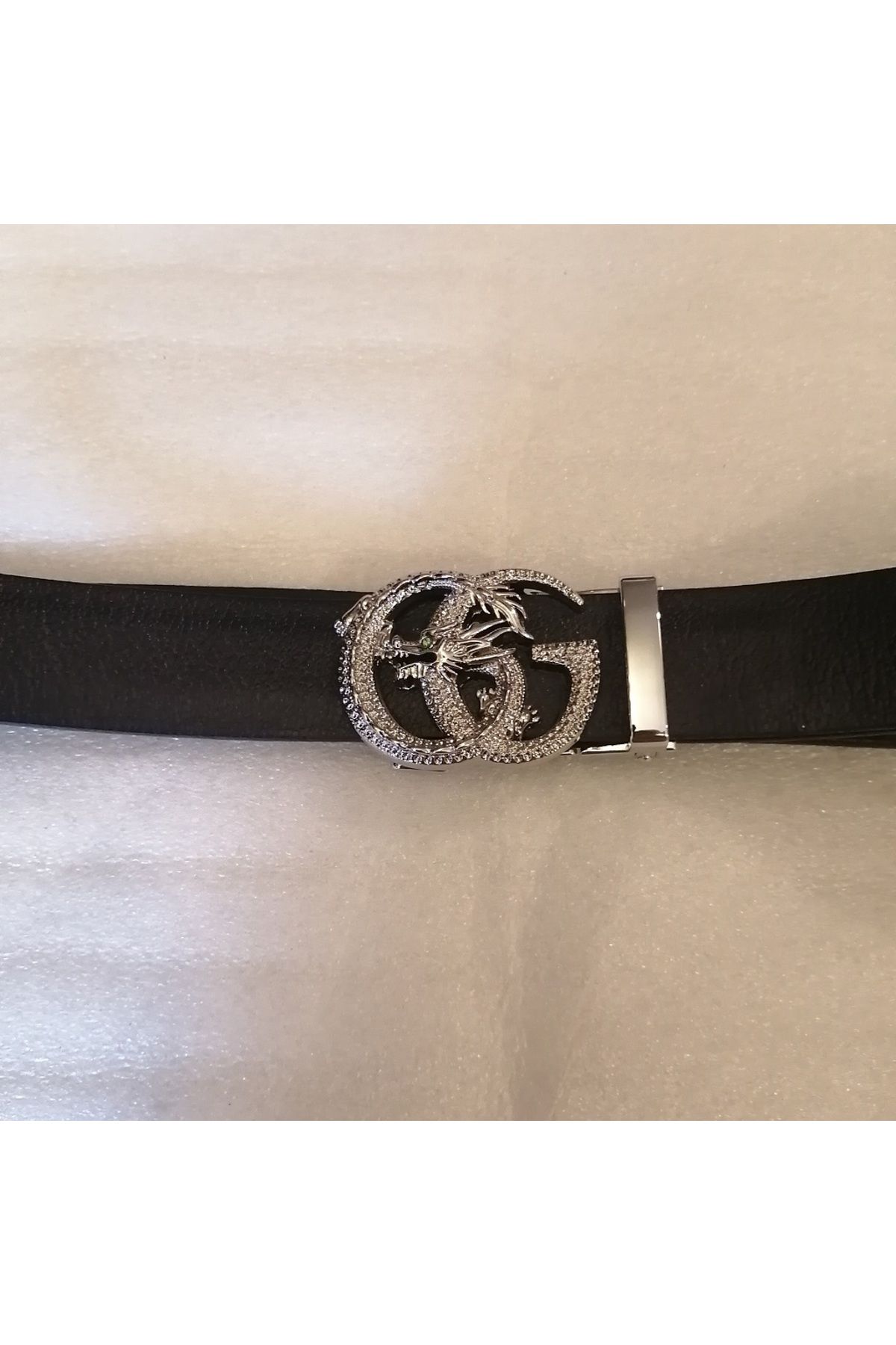 Butik Tülin Unisex hakiki dana derisi lacivert gümüş kesme parlak kristal taşlı GG ejderha otomatik tokalı kemer