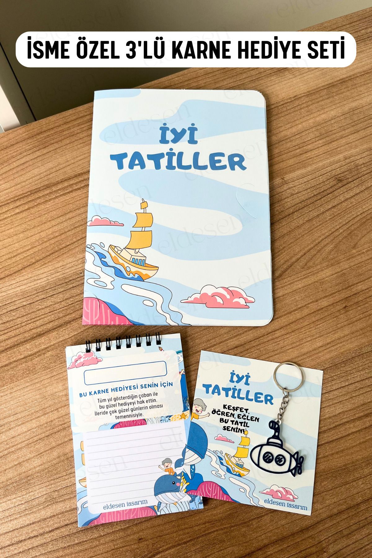 Eldesen Tasarım İsme Özel Karne Hediyesi 3'lü Set, Karne Kılıfı, Spiralli Defter, Anahtarlık