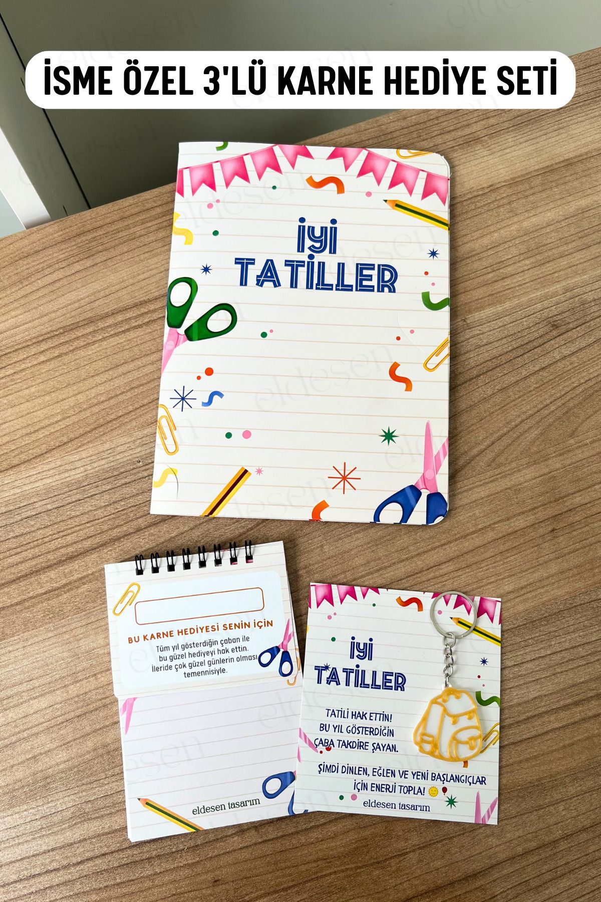 Eldesen Tasarım İsme Özel Karne Hediyesi 3'lü Set, Karne Kılıfı, Spiralli Defter, Anahtarlık
