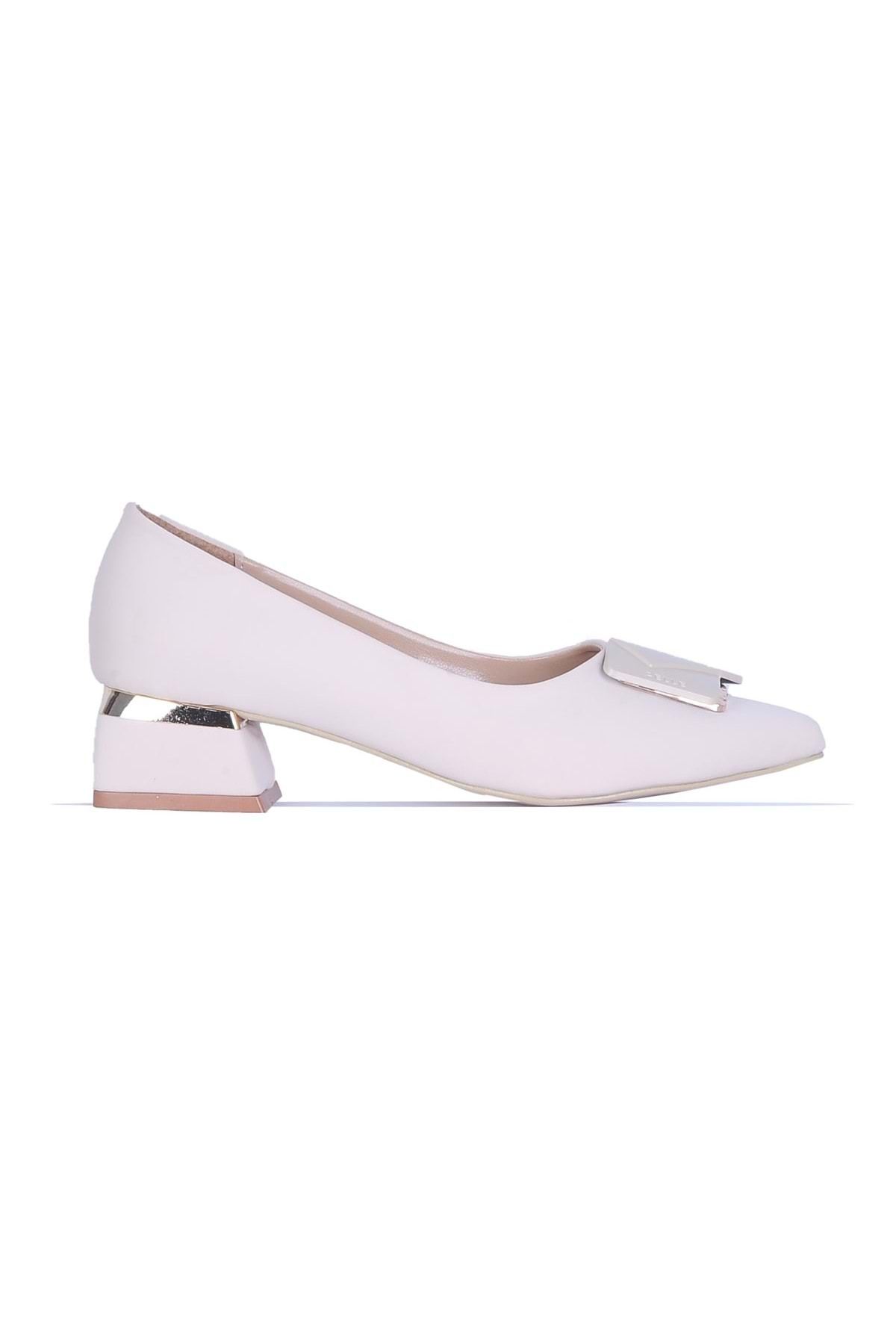 moda ayakkabım Moda Ayakkabı 855 Syh-Krem Kadın 3Cm Topuklu Ayakkabı