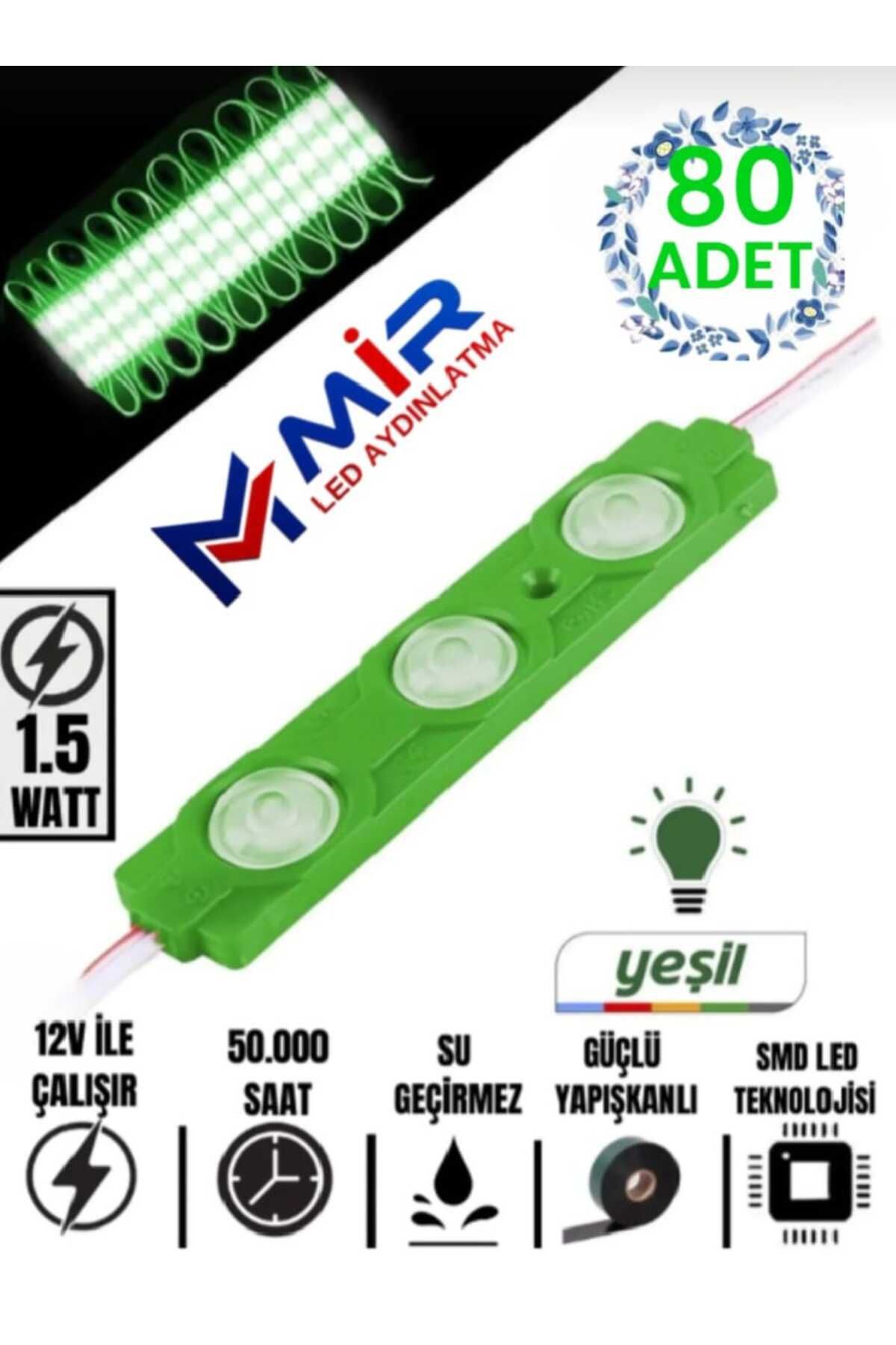MİRLED AYDINLATMA MİRLED 3 Ledli Parmak Led Modül 1.5w 2835 Smd Mercekli 12V led Yeşil Renk 80-ADET 6 ADET HEDİYEMİZ