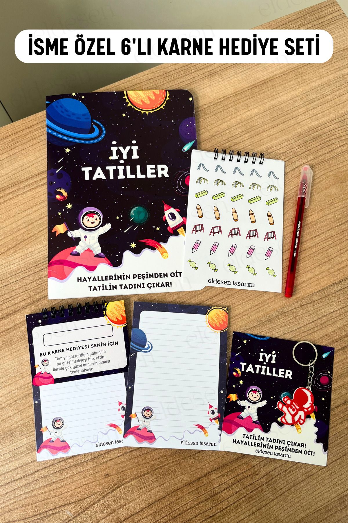 Eldesen Tasarım İsme Özel Karne Hediyesi 6'lı Set, Karne Kılıfı, Spiralli Defter, Anahtarlık, Etiket, Bloknot, Kalem