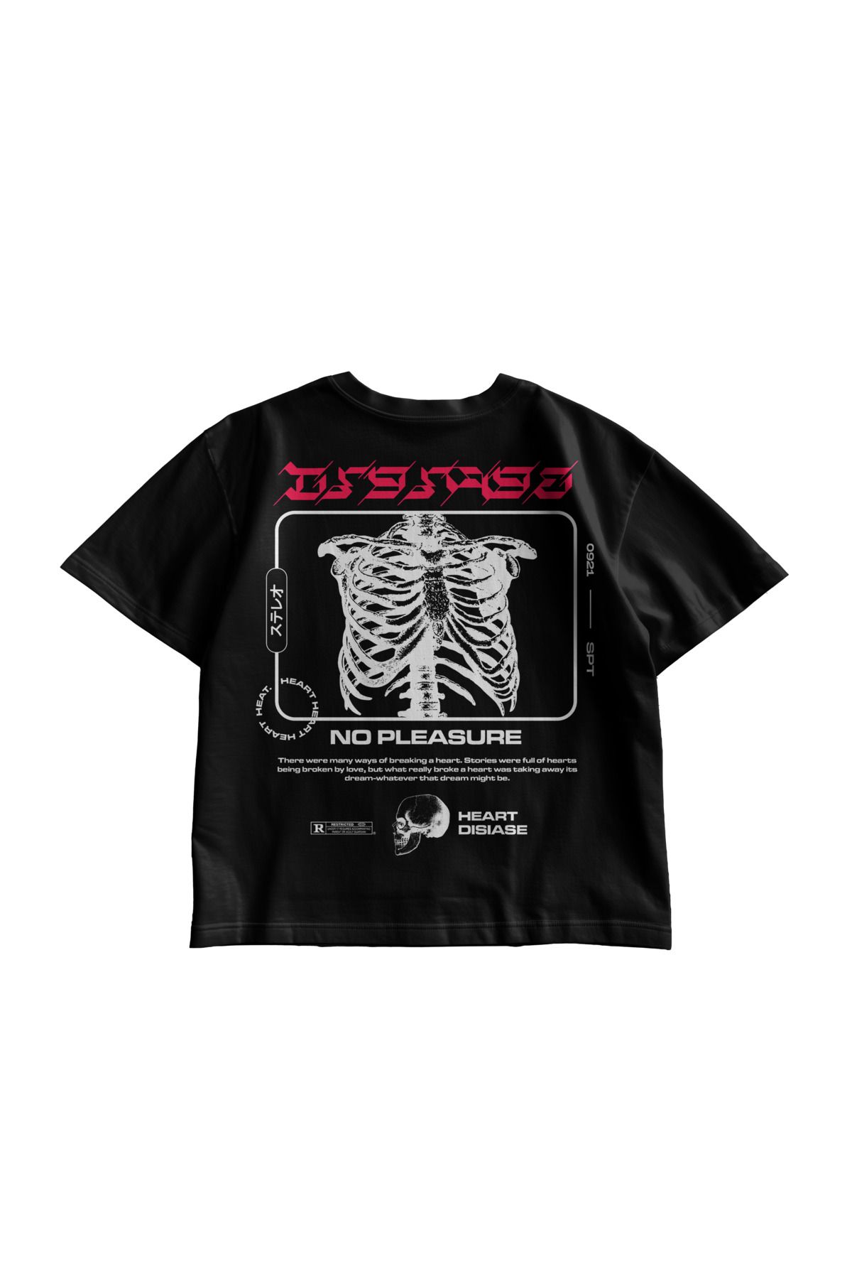 TresMonos No Pleasure İskelet Baskılı Oversize Kısa Kesim Pamuklu Unisex Siyah Tişört