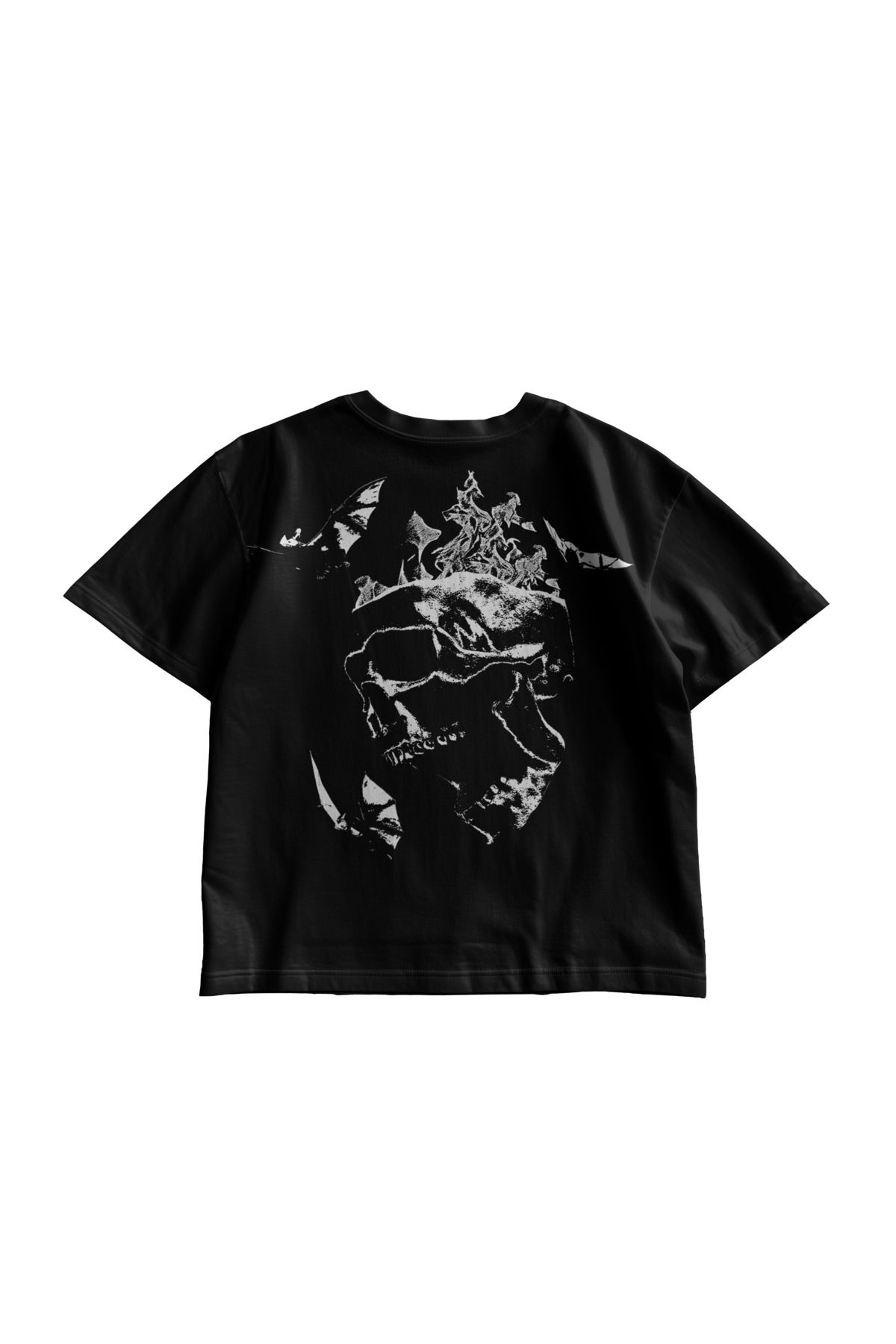 TresMonos Hellfire Skull Sırt Baskılı Oversize Kısa Kesim Pamuklu Unisex Siyah Tişört