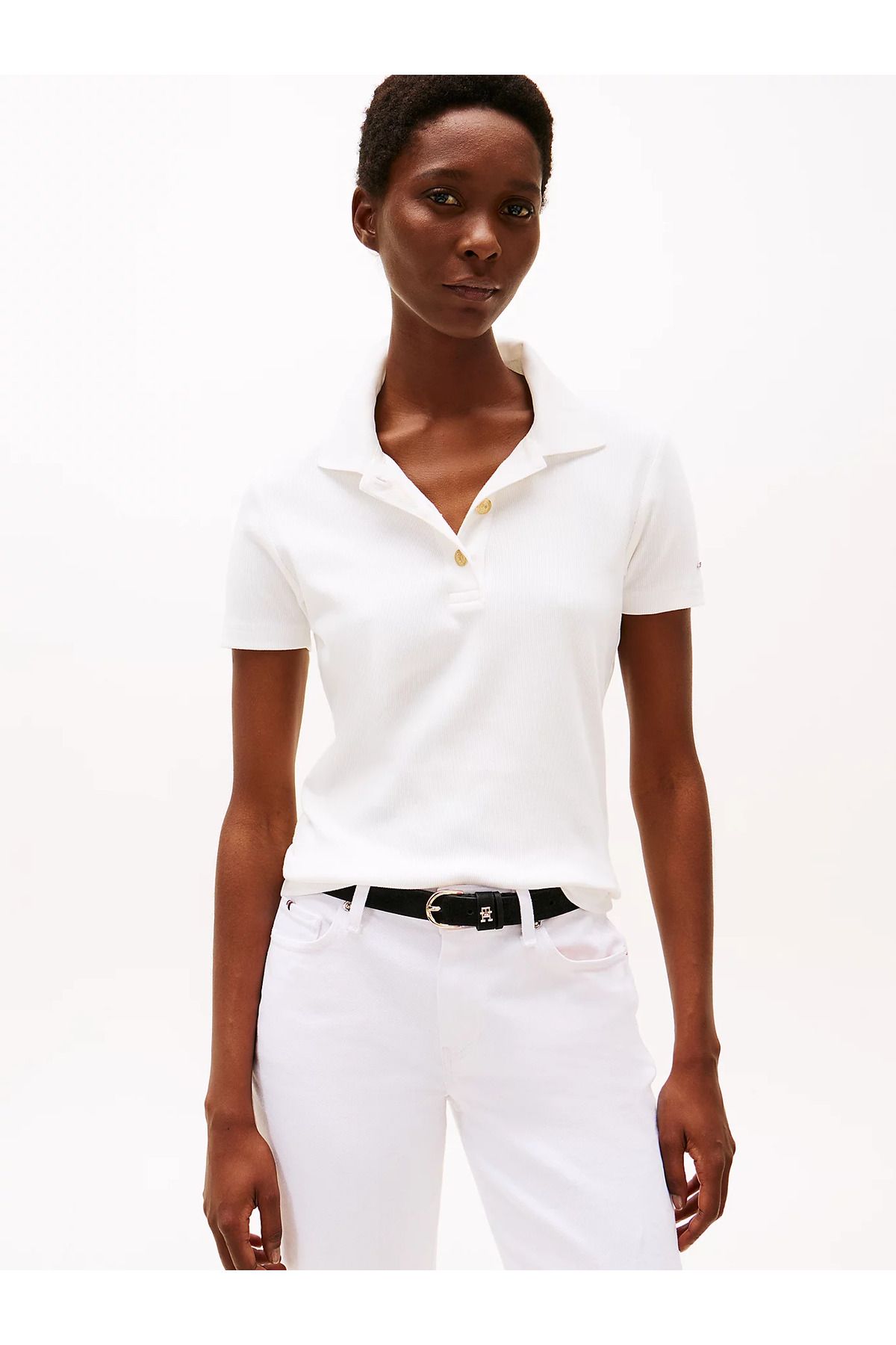 Tommy Hilfiger Kadın Gold Düğme Kapama Polo Yaka Standart Boy Pamuklu Ekru Polo Yaka T-Shirt WW0WW45436-YBL