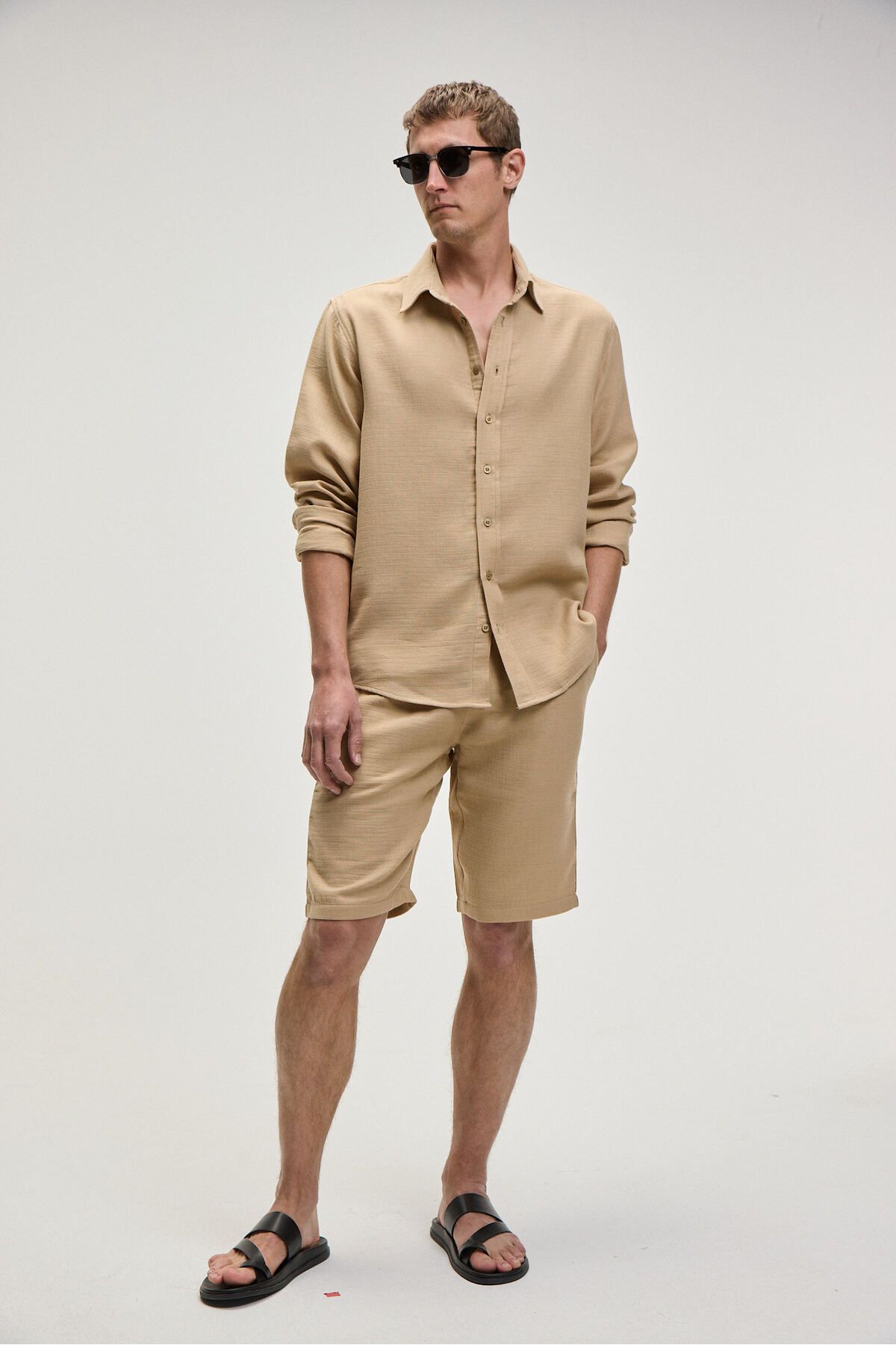 GRIMELANGE JENS Erkek %100 Pamuk Yanları Cepli Slim Fit Dar Kesim Bej Şort
