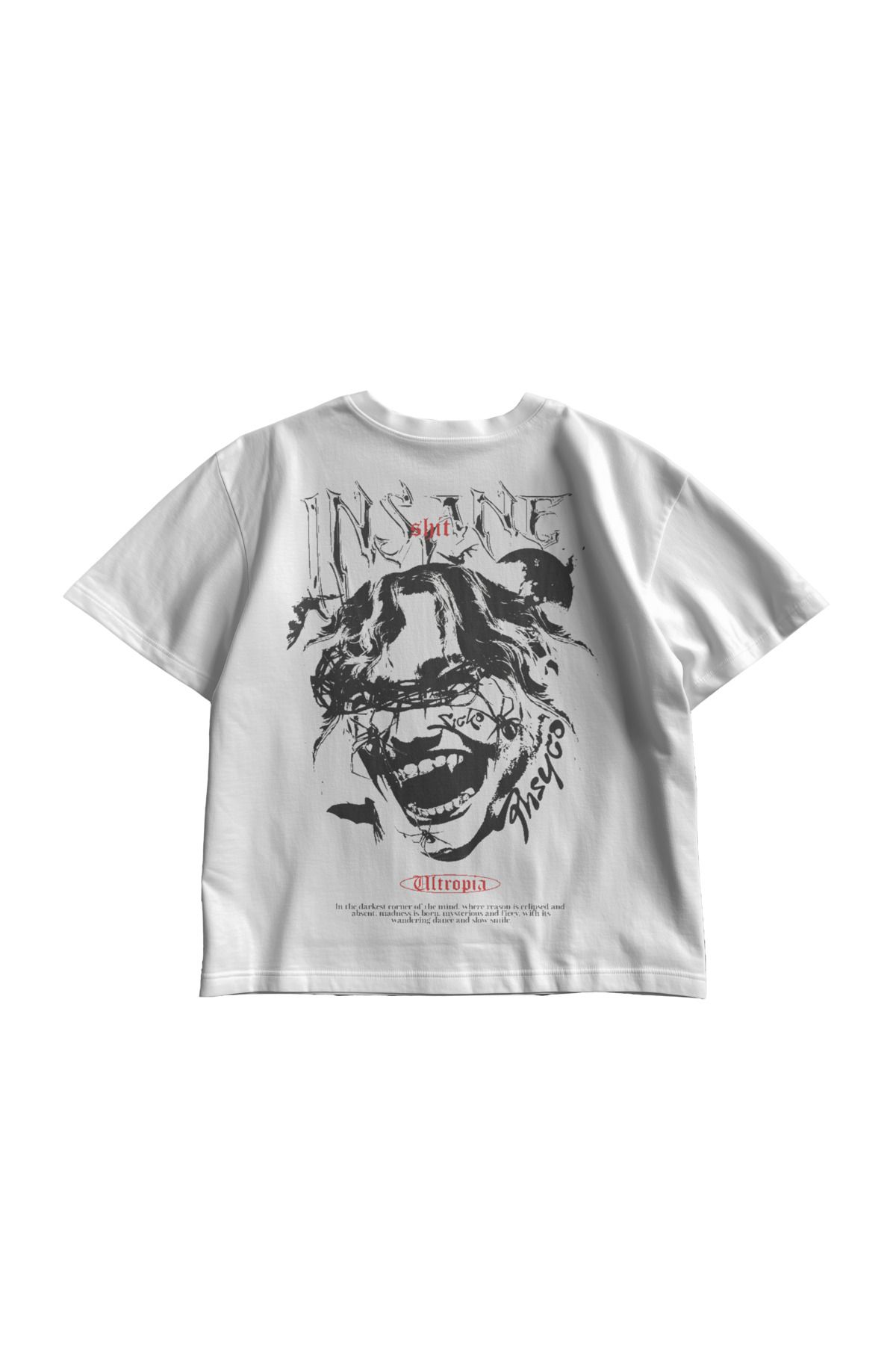 TresMonos Insane Psycho Baskılı Oversize Kısa Kesim Pamuklu Unisex Beyaz Tişört