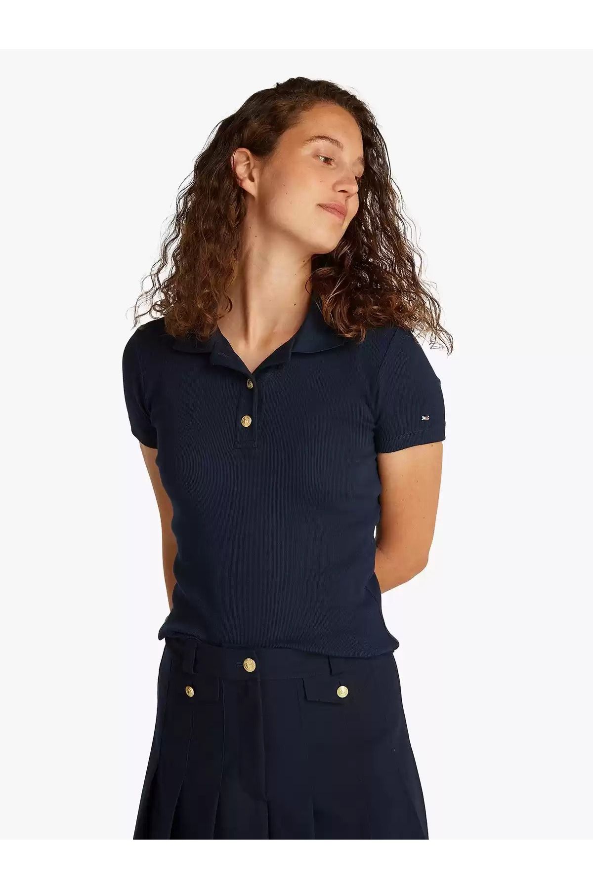 Tommy Hilfiger Kadın Gold Düğme Kapama Polo Yaka Standart Boy Pamuklu Lacivert Polo Yaka T-Shirt WW0WW45436-C1G