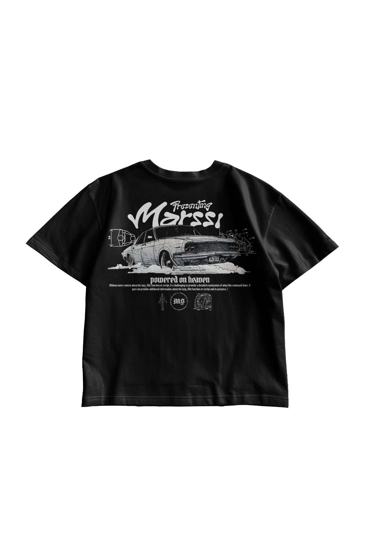 TresMonos Retro Marssi Araba Baskılı Oversize Kısa Kesim Unisex Siyah Tişört