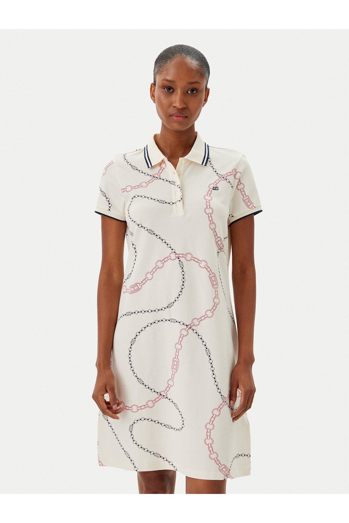 Tommy Hilfiger Kadın Polo Yaka Zincir Desen Kısa Kol Pamuklu Bej Elbise WW0WW45532-01V
