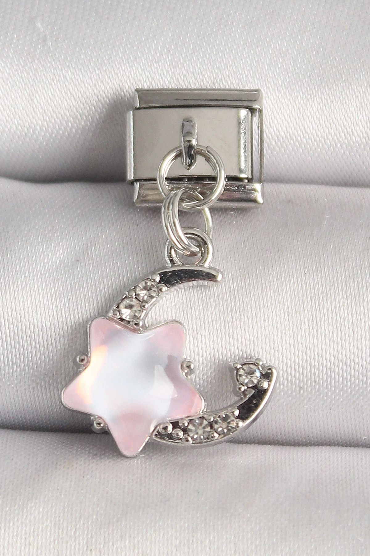 STOREMAX 316L Çelik Gümüş Renk Zirkon Taşlı Hilal Pembe Mineli Yıldız Model Nomination Charm