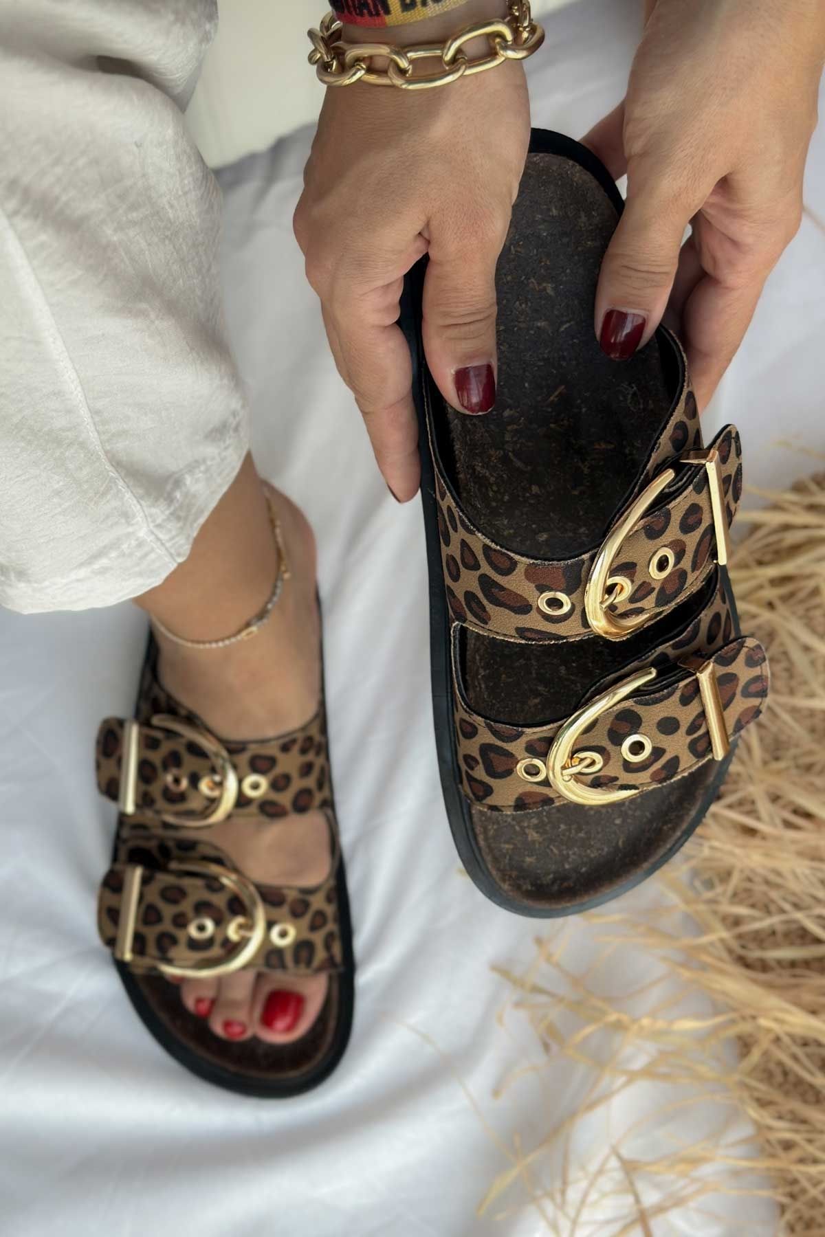 Shoebutik Kyle Sarı Siyah Hayvan Desen Toka Detay Kadın Terlik