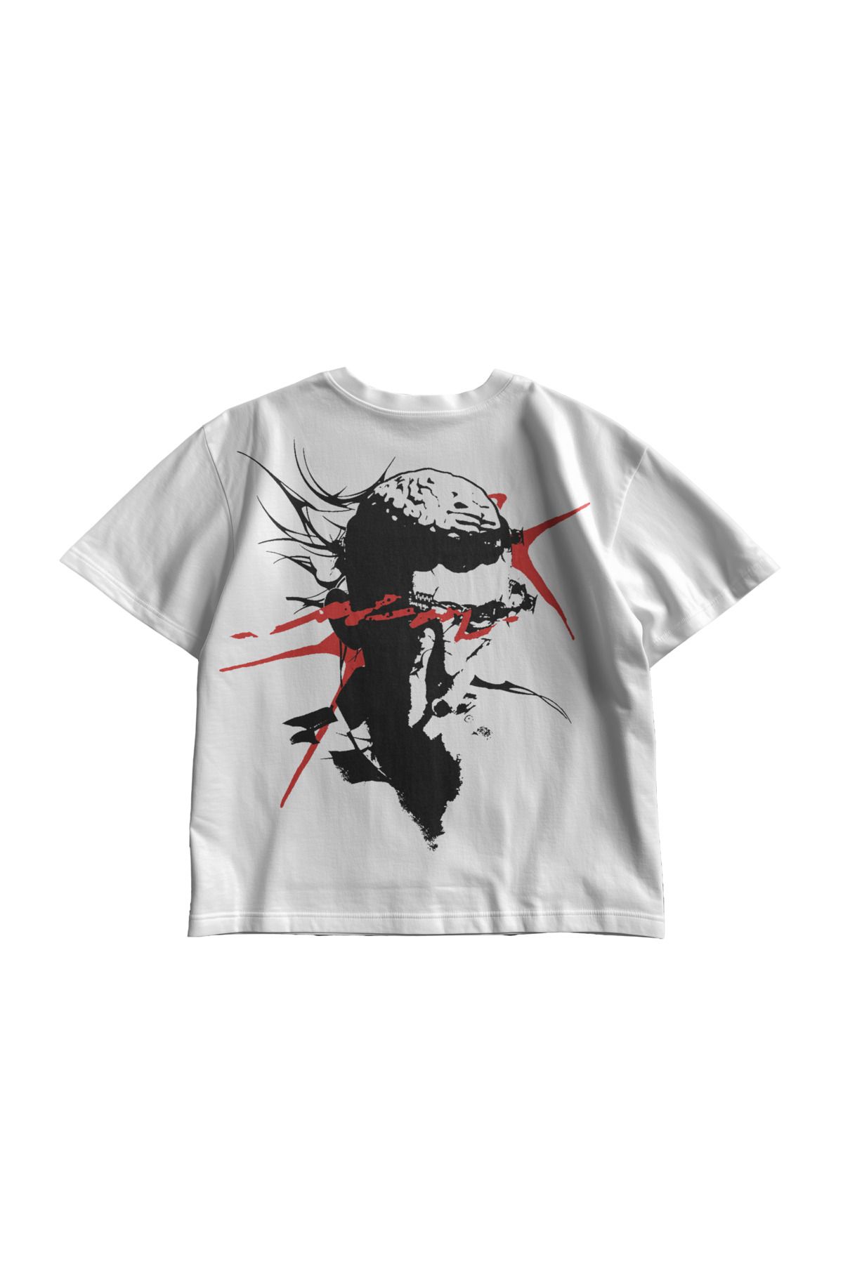 TresMonos Brush Skull Sırt Baskılı Oversize Kısa Kesim Pamuklu Unisex Beyaz Tişört