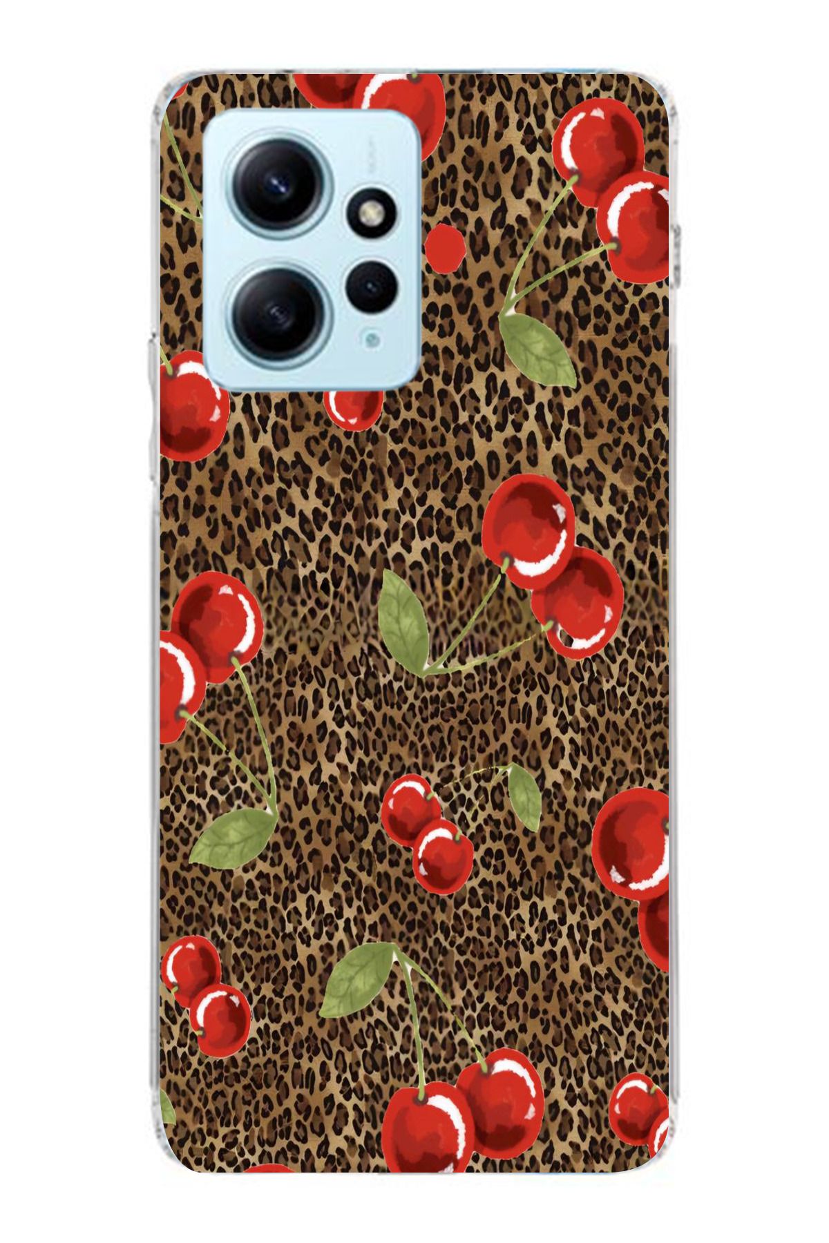 moonset Xiaomi Redmi Note 12 4G Uyumlu Leopar ve Kiraz Tasarımlı Baskılı Şeffaf Telefon Kılıfı