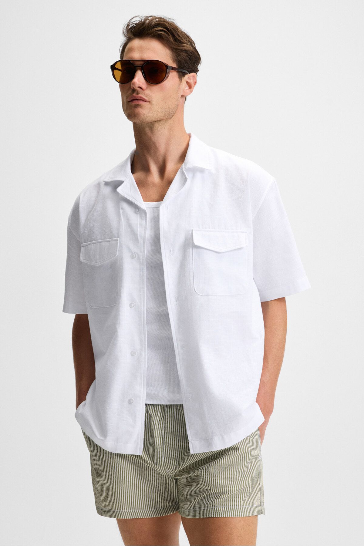 GRIMELANGE TERO Erkek %100 Pamuk Apaj Yaka Kısa Kollu Flamlı Oxford Comfort Fit Hawaii Beyaz Gömlek