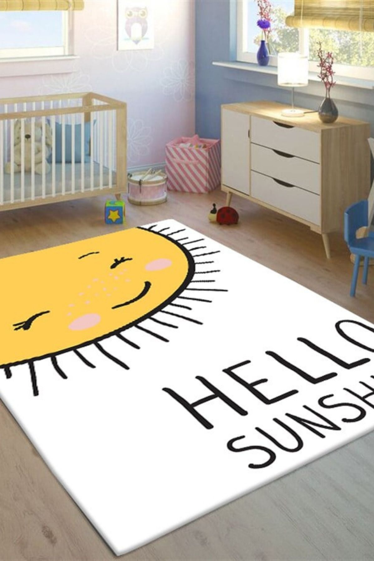 Serteks Hello Sun Baskılı Kaymaz Tabanlı Makinede Yıkanabilir Çocuk Halısı