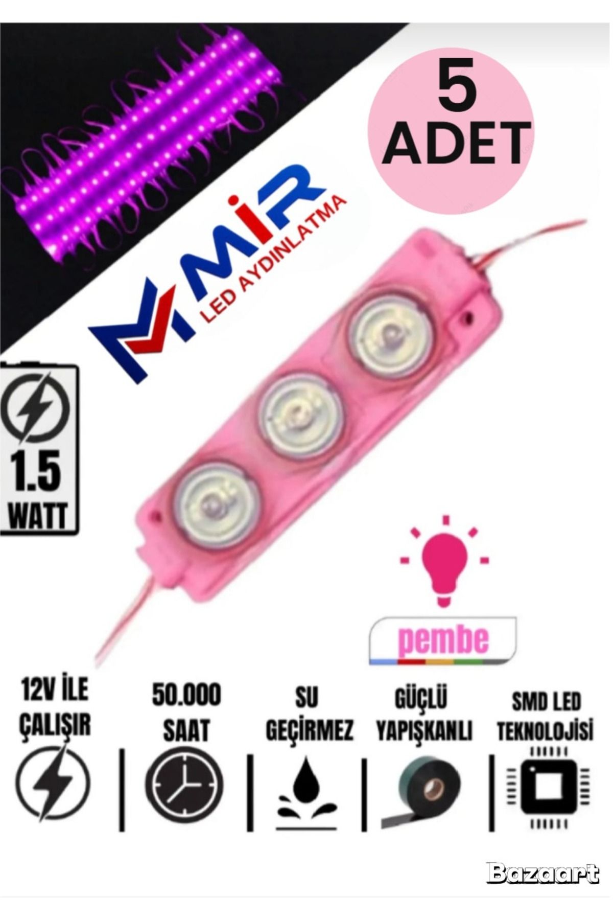 MİRLED AYDINLATMA MİRLED 3 Ledli Parmak Led Modül 1.5w 2835 Smd Mercekli 12V led Pembe Renk 5-ADET 1 ADET HEDİYEMİZ