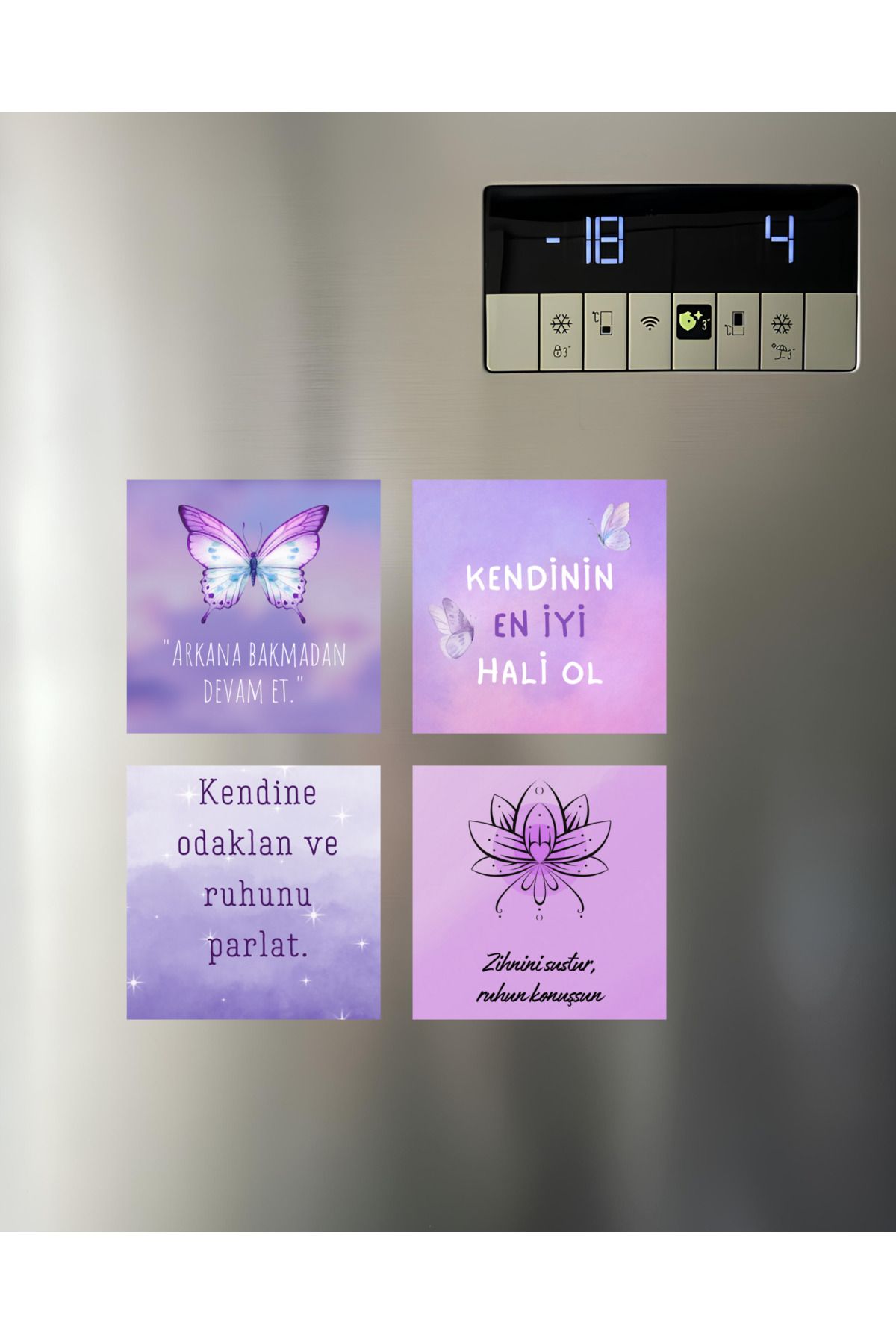 Renkia Studio Motivasyon Sözleri Magnet Seti 4'lü – Lila Arka Planlı Dekoratif Magnetler | Renkia Studio