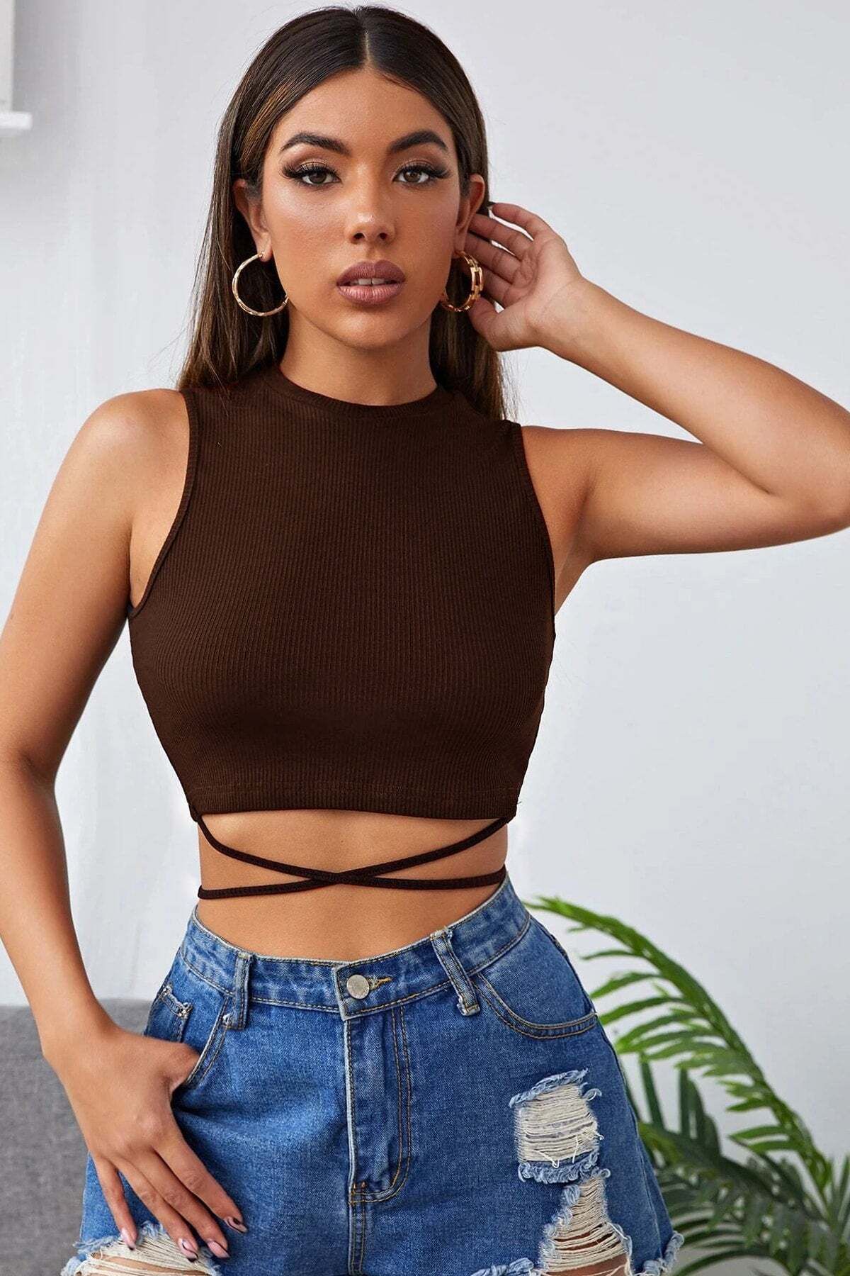 Ethab Ticaret Kadın Kahverengi Çapraz Bağlamalı Crop Top Büstiyer