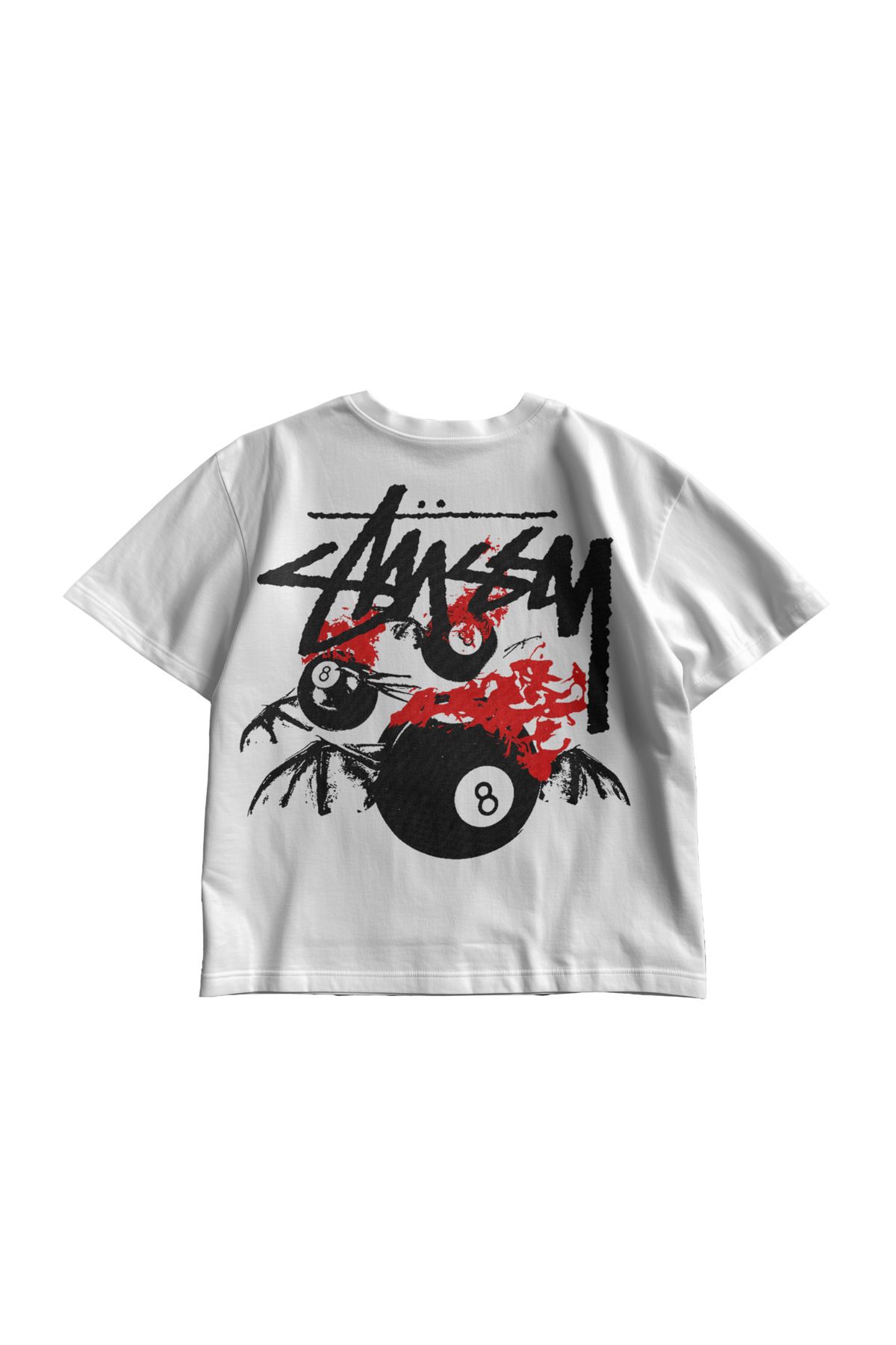 TresMonos 8 Ball Graffiti Baskılı Oversize Kısa Kesim Pamuklu Unisex Beyaz Tişört
