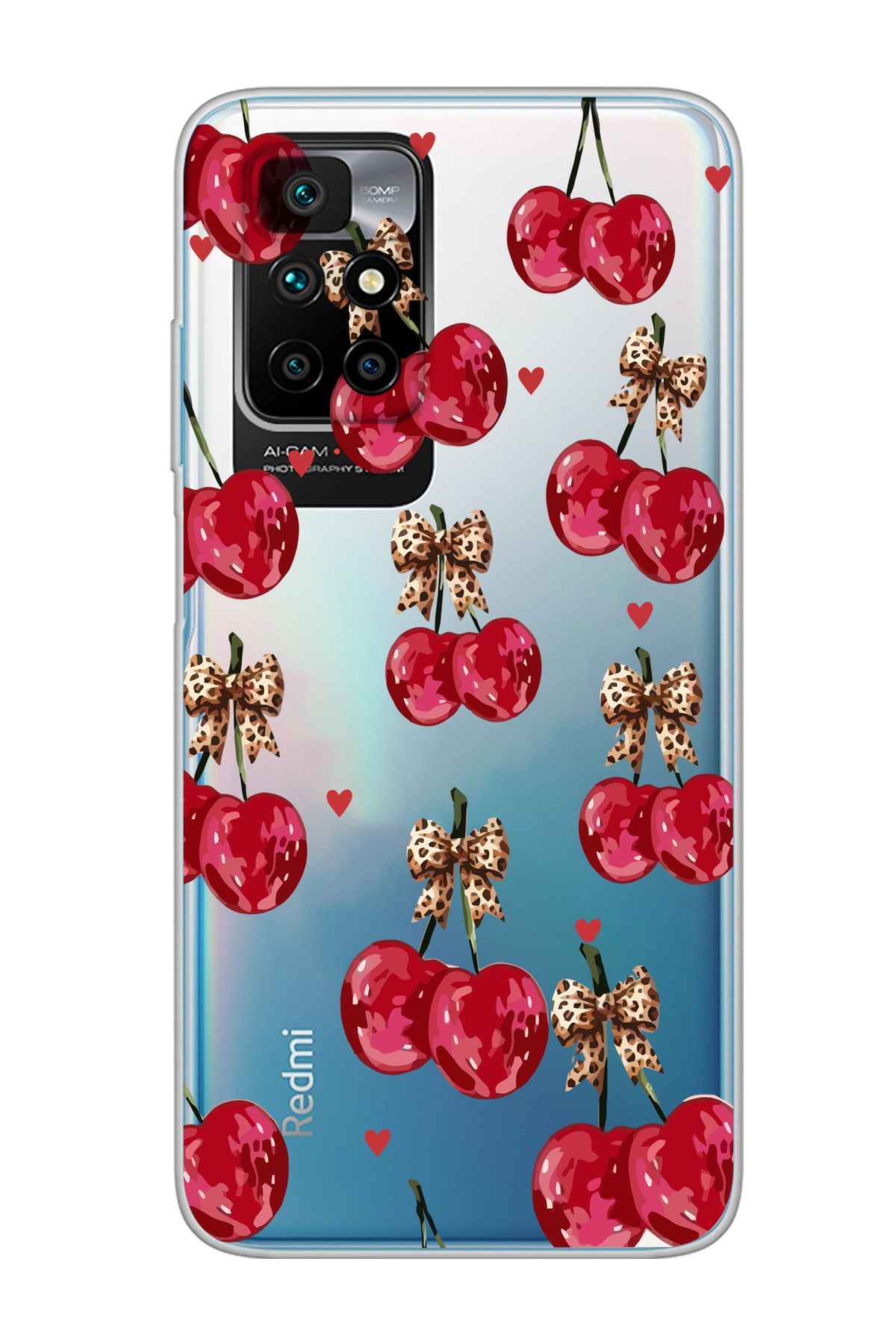 moonset Xiaomi Redmi 10 2022 Uyumlu Kiraz Tasarımlı Baskılı Şeffaf Telefon Kılıfı