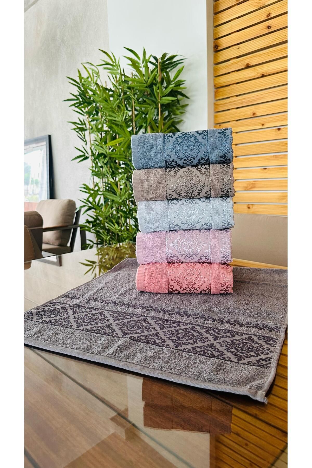 Mimoza Çeyiz Evi Damask desen 6'lı el yüz havlusu 50x90 ebat