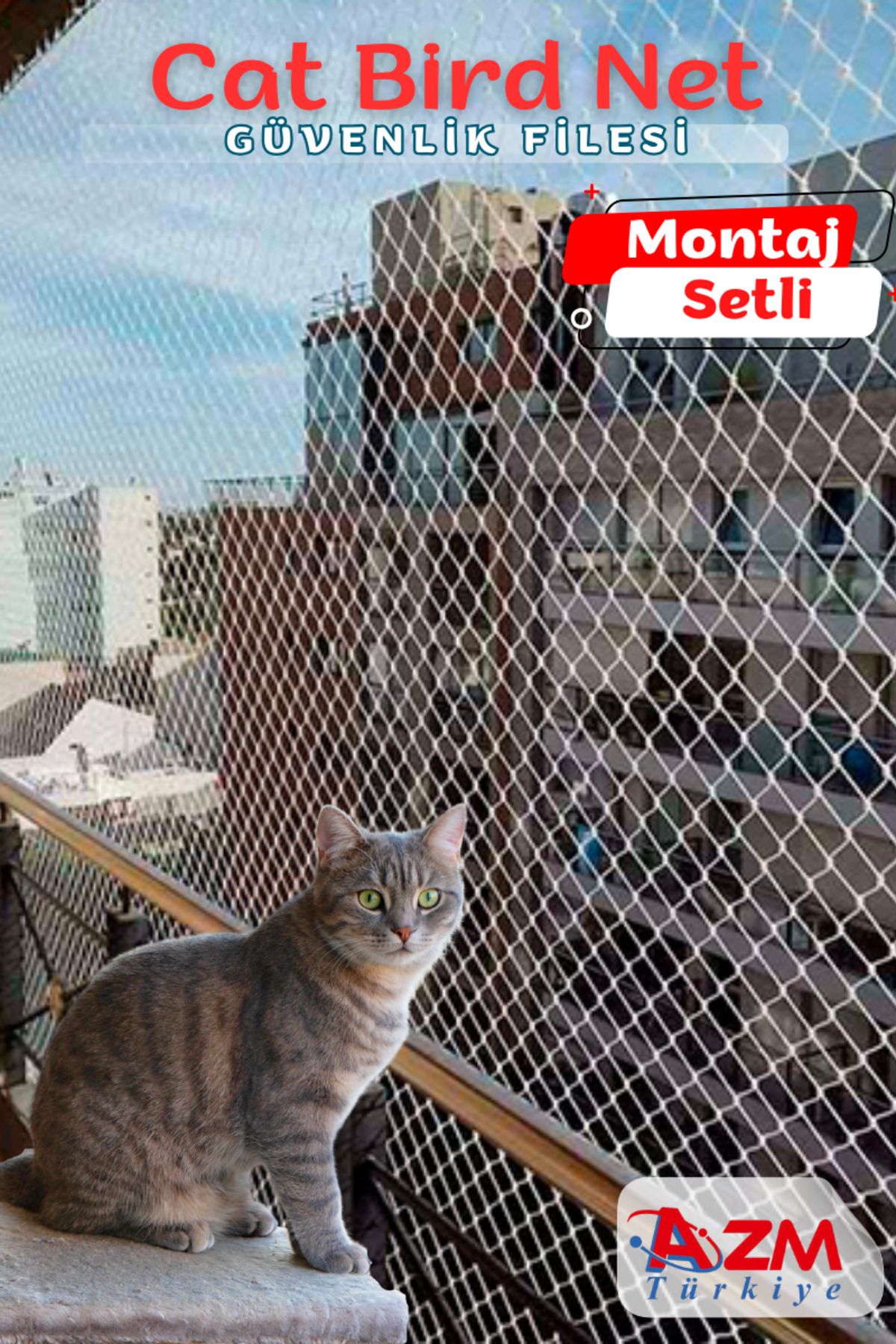 Azmtürkiye Balkon Filesi 2,5x9 Mt Kedi Balkon Filesi Balkon Kuş Filesi Balkon Güvenlik Filesi (KANCA VE DÜBEL)