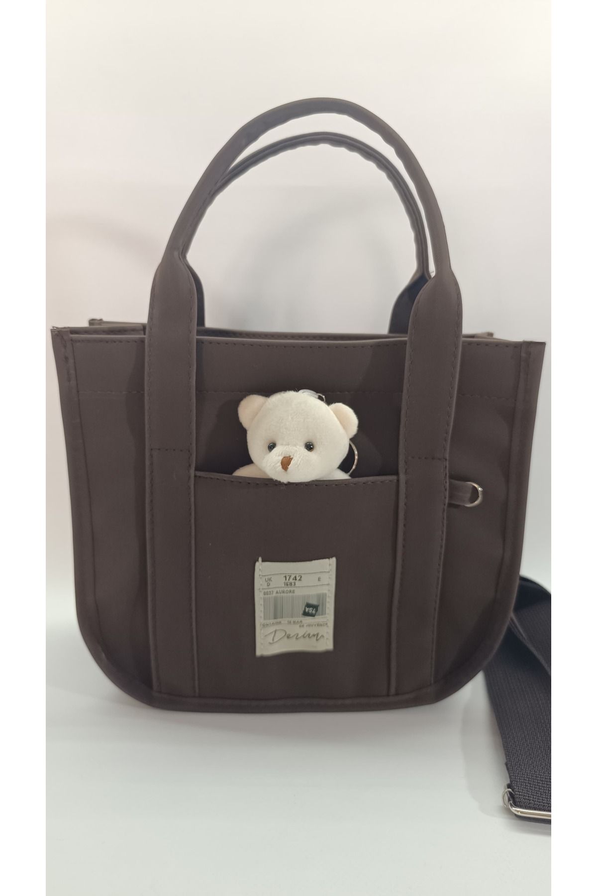 Butik Ayıcıklı Orta Boy Suni Deri Fermuarlı El ve Omuz Çantası