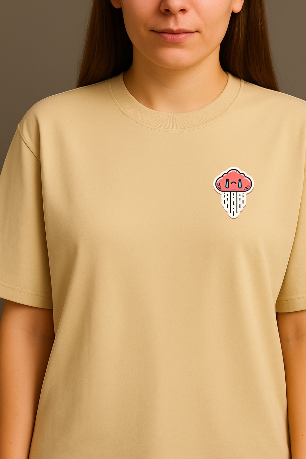 wolka Minimal Bulut Baskılı Unisex %100 Pamuk Oversize Bisiklet Yaka Bej T-shirt
