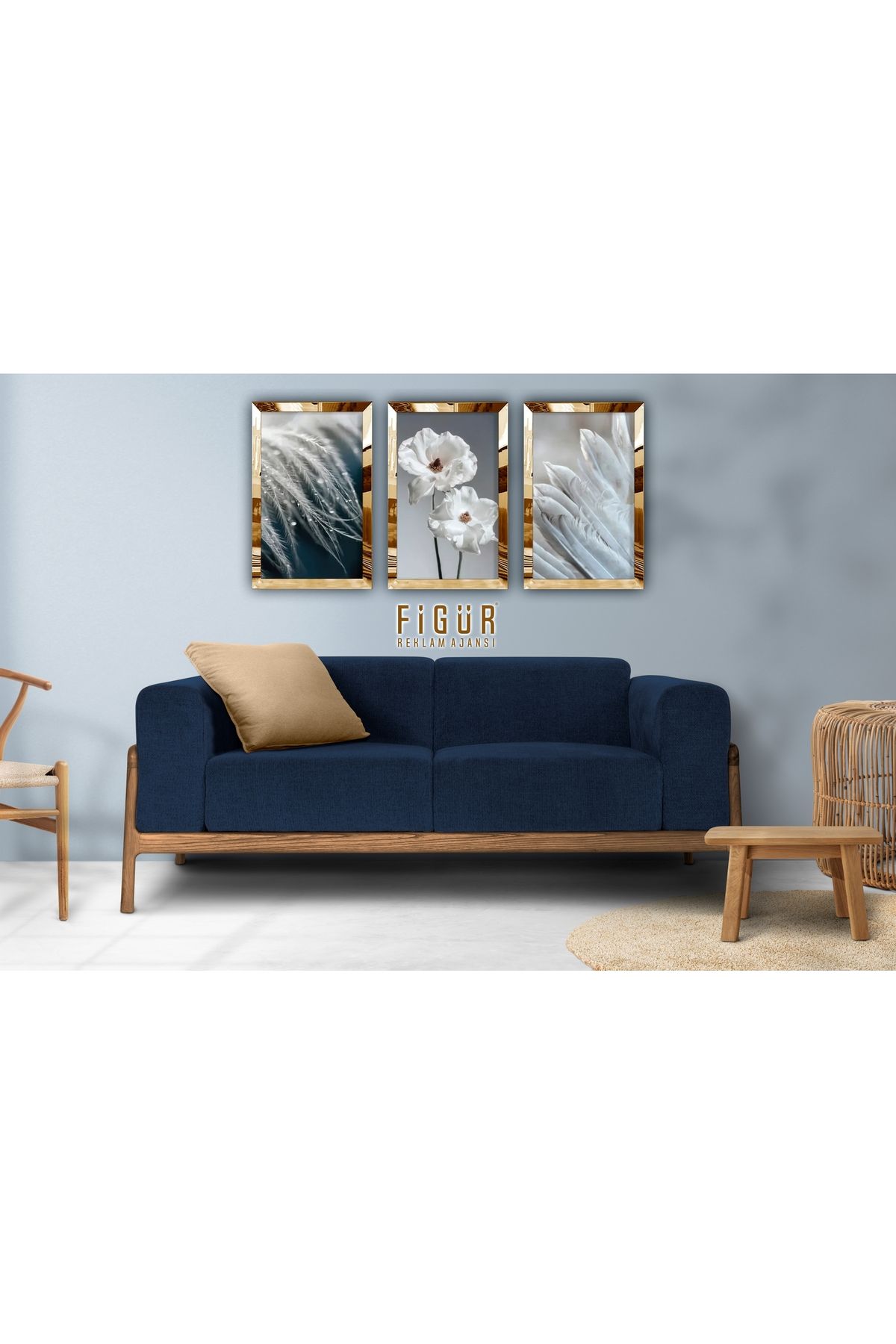 Figür Reklam Ajansı Tüy Yaprak Gold 3 Parça Pleksi Aynalı Tablo