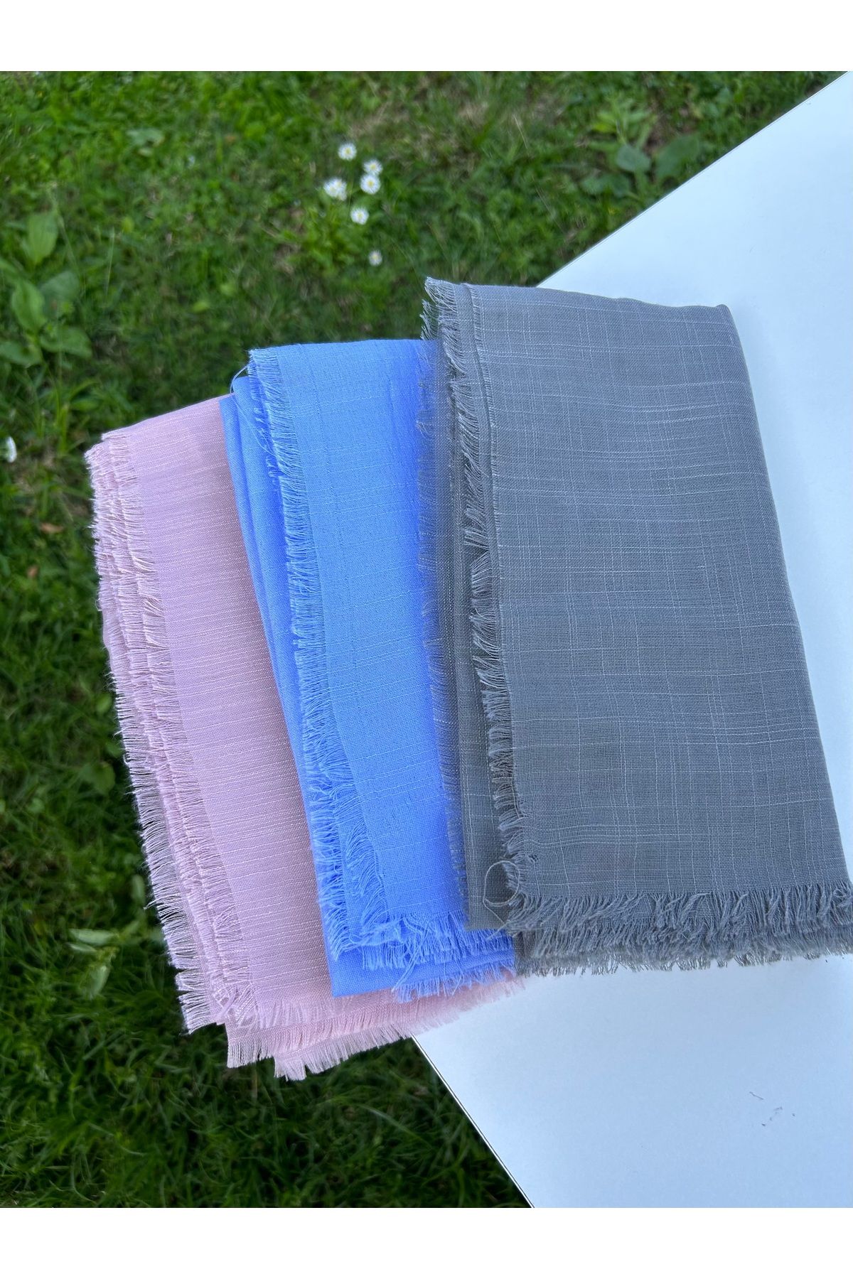 Sümeyye çeyiz 3 adet flamlı yazma 100x100 cm pamuklu tülbent (pudra/ bebe mavi/ füme)