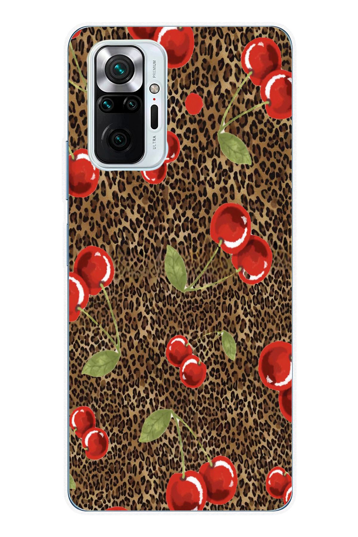 moonset Xiaomi Redmi Note 10 Pro Uyumlu Leopar ve Kiraz Tasarımlı Baskılı Şeffaf Telefon Kılıfı