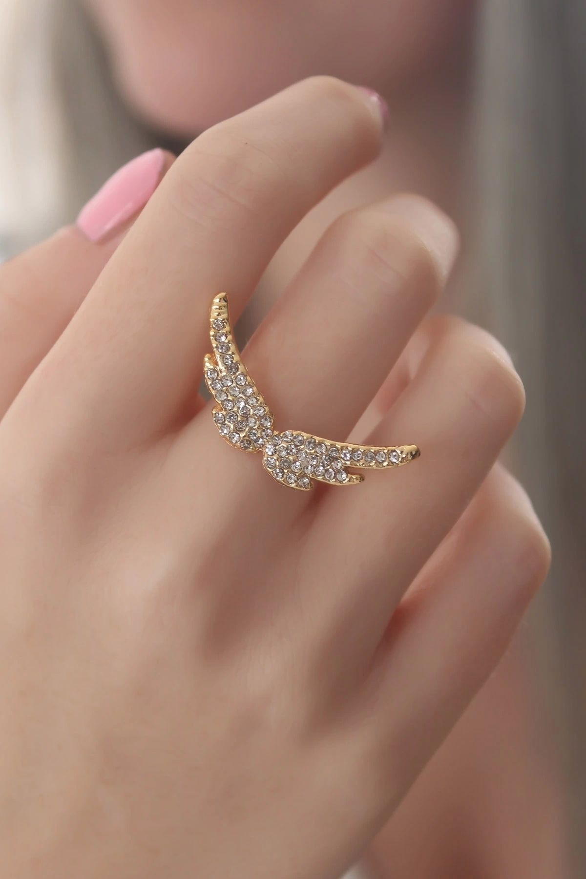 Clariss Gold Renk Kanat Model Zirkon Taşlı Kadın Yüzük