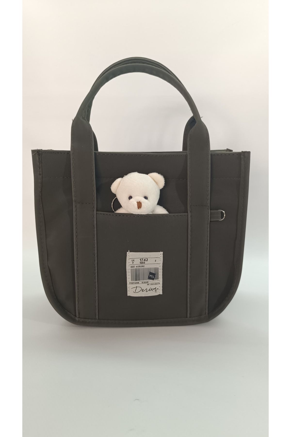 Butik Ayıcıklı Orta Boy Suni Deri Fermuarlı El ve Omuz Çantası
