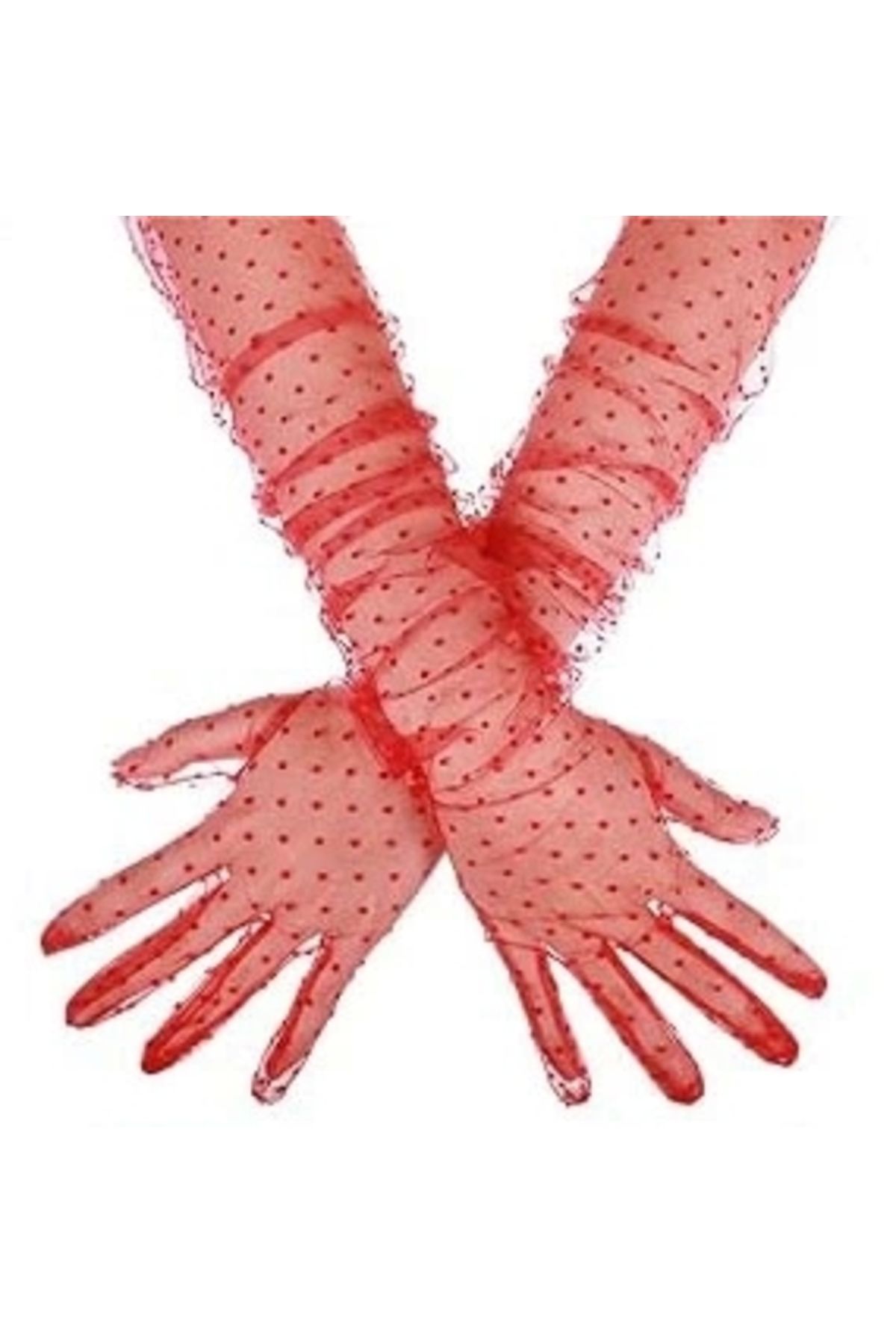 STOREMAX Uzun Boy Kırmızı Puantiyeli Kırmızı Renk Yetişkin Tül Eldiven 55 cm (5047)