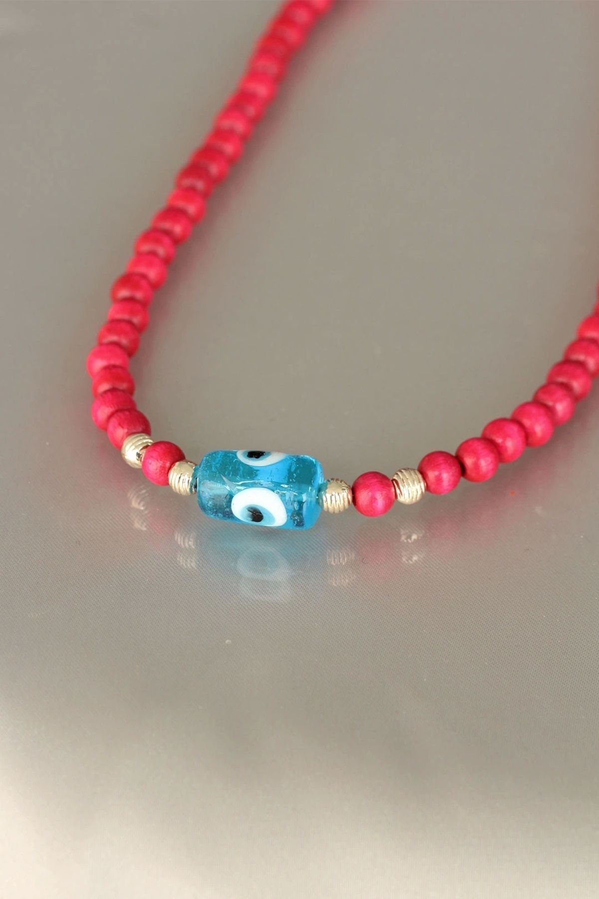 Moco Pembe Renk Tahta Boncuklu Kadın Kolye