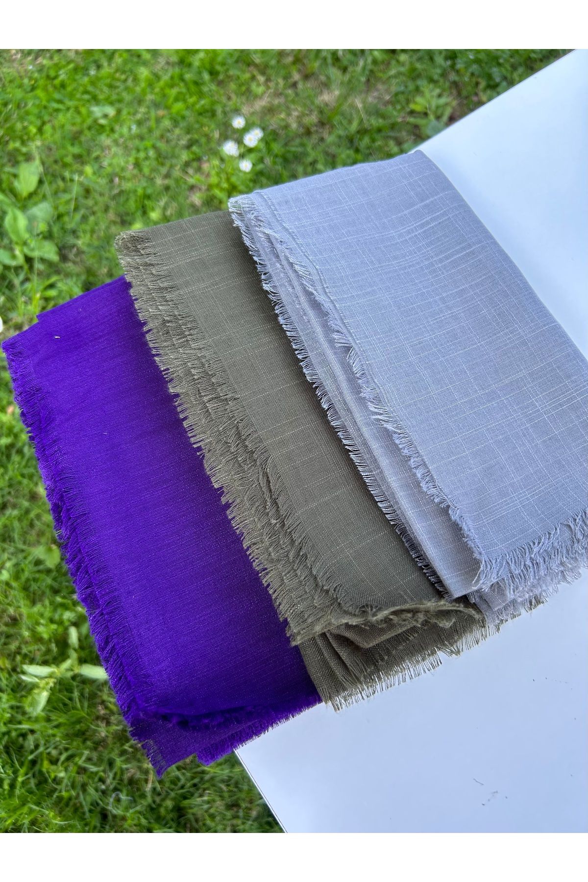 Sümeyye çeyiz 3 adet flamlı yazma 100x100 cm pamuklu tülbent (mor/ haki yeşil/ füme)