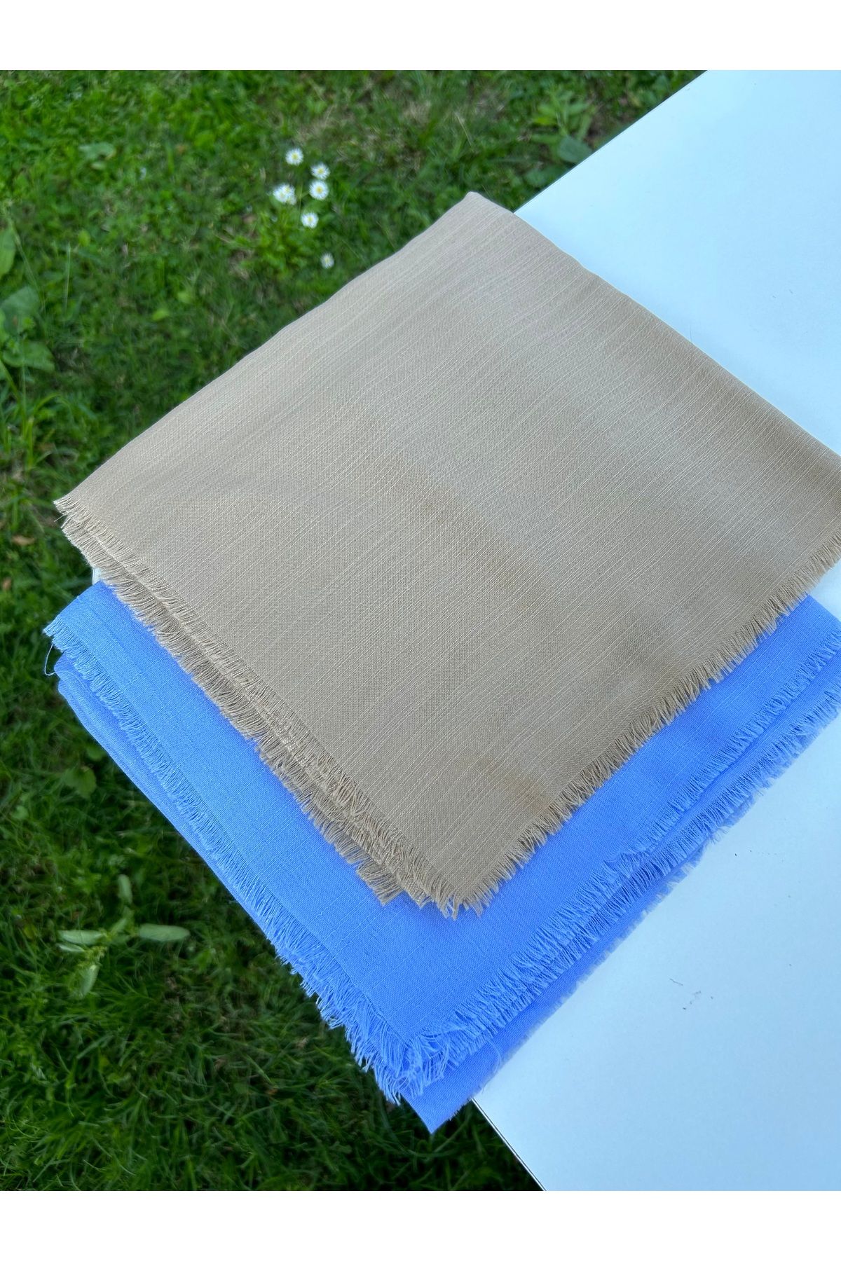 Sümeyye çeyiz 2 adet flamlı yazma 100x100 cm pamuklu tülbent(bebe mavi ve sütlü kahve)