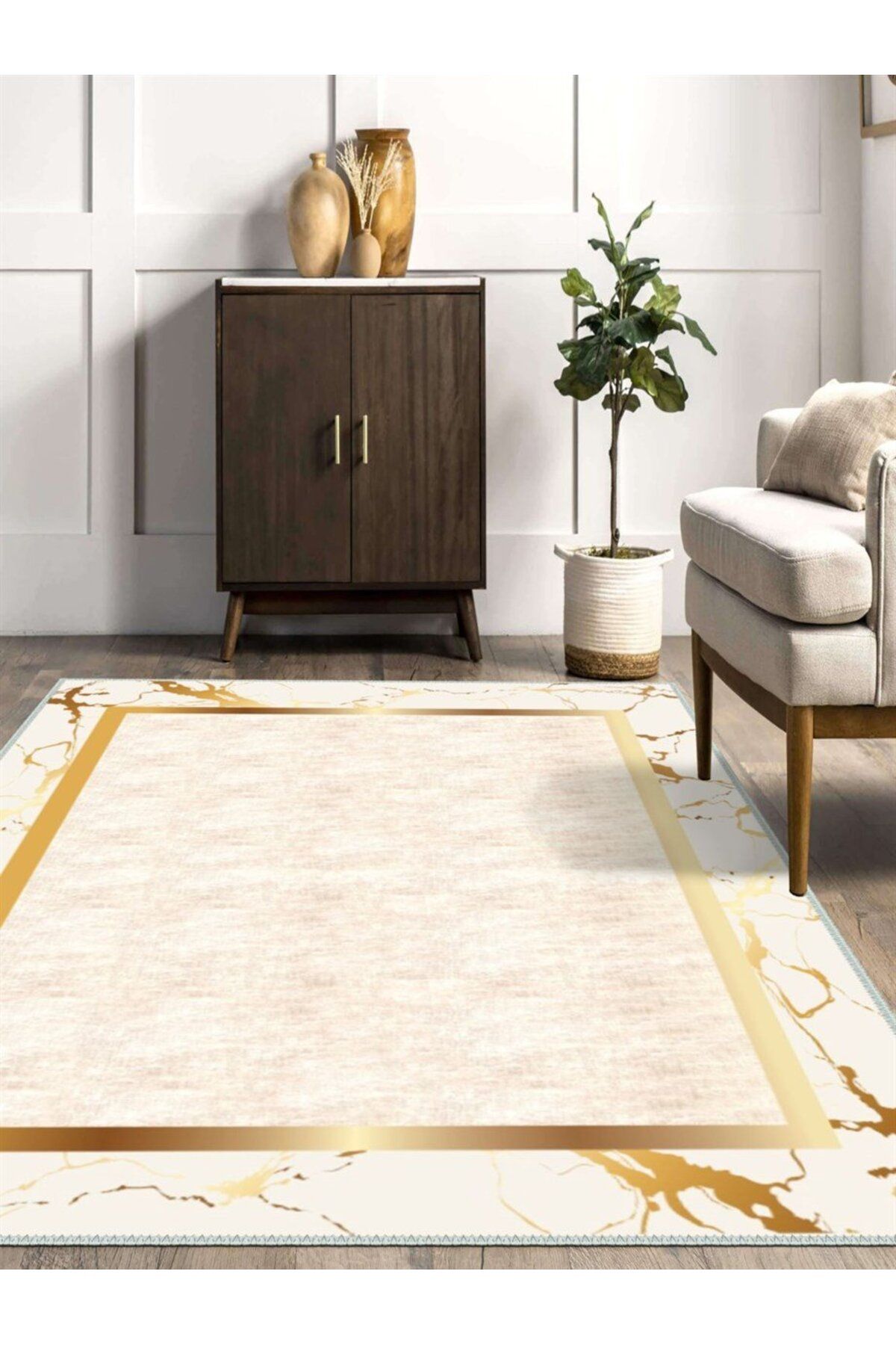 Serteks Gold Baskılı Modern Desenli Halı, Dokuma Taban Dekoratif Şönil