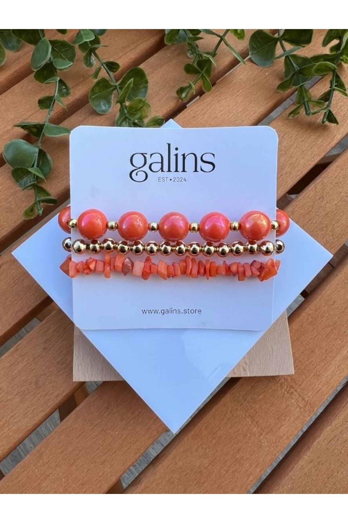 Galins Turuncu, Gold ve Kırık Taşlarla Tasarlanmış Trend 3'lü Kombin Bileklik