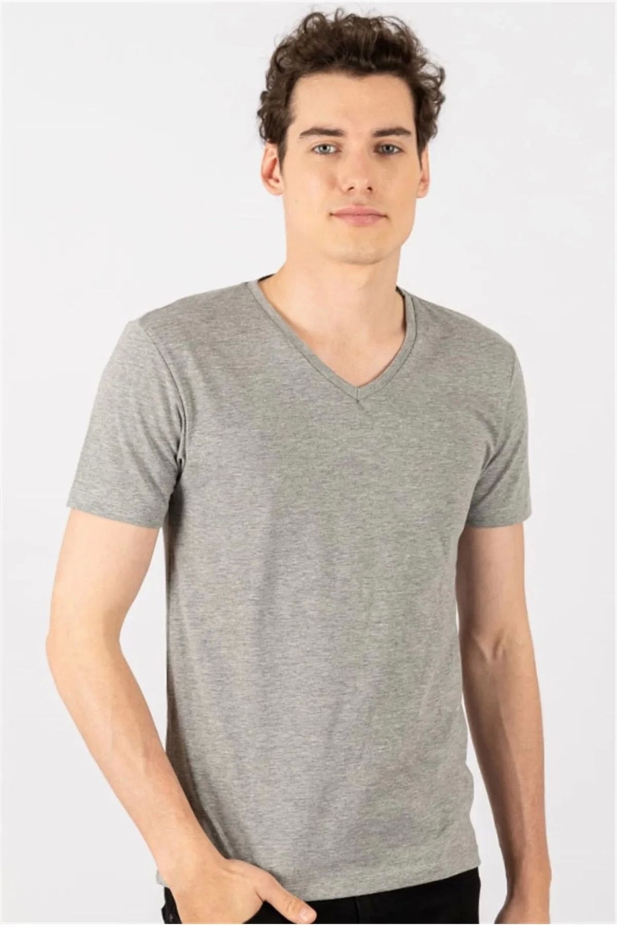 PHANTOM JEANS Erkek Gri Likralı Şık Pamuklu Yumuşak Dokulu Slim Fit Dar Kesim V Yaka Basic Tişört
