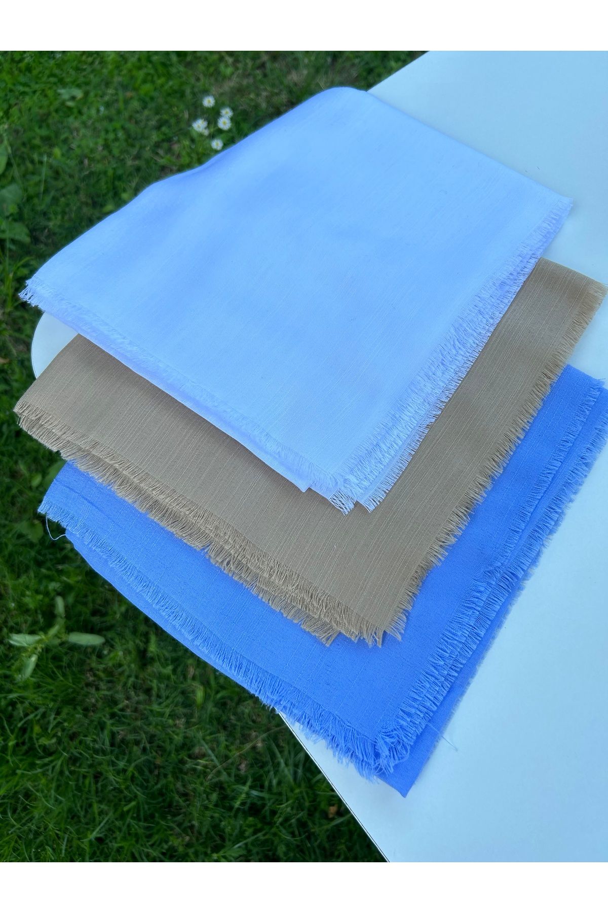 Sümeyye çeyiz 3 adet flamlı yazma 100x100 cm pamuklu tülbent (bebe mavi/ sütlü kahve/ beyaz)