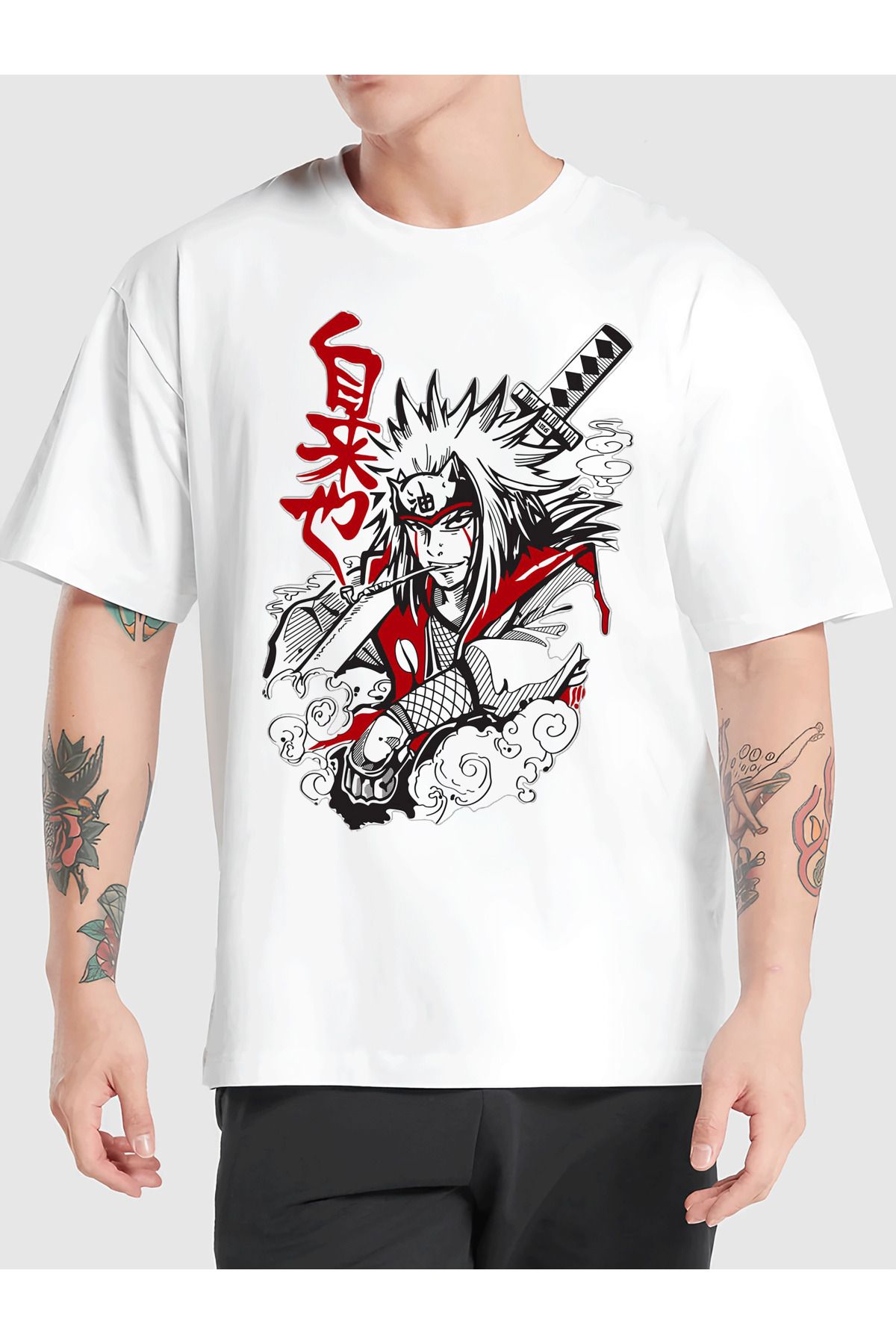 sielta Naruto Anime Jiraiya Baskılı Bisiklet Yaka Oversize Kalıp Unisex Beyaz Tişört T-shirt