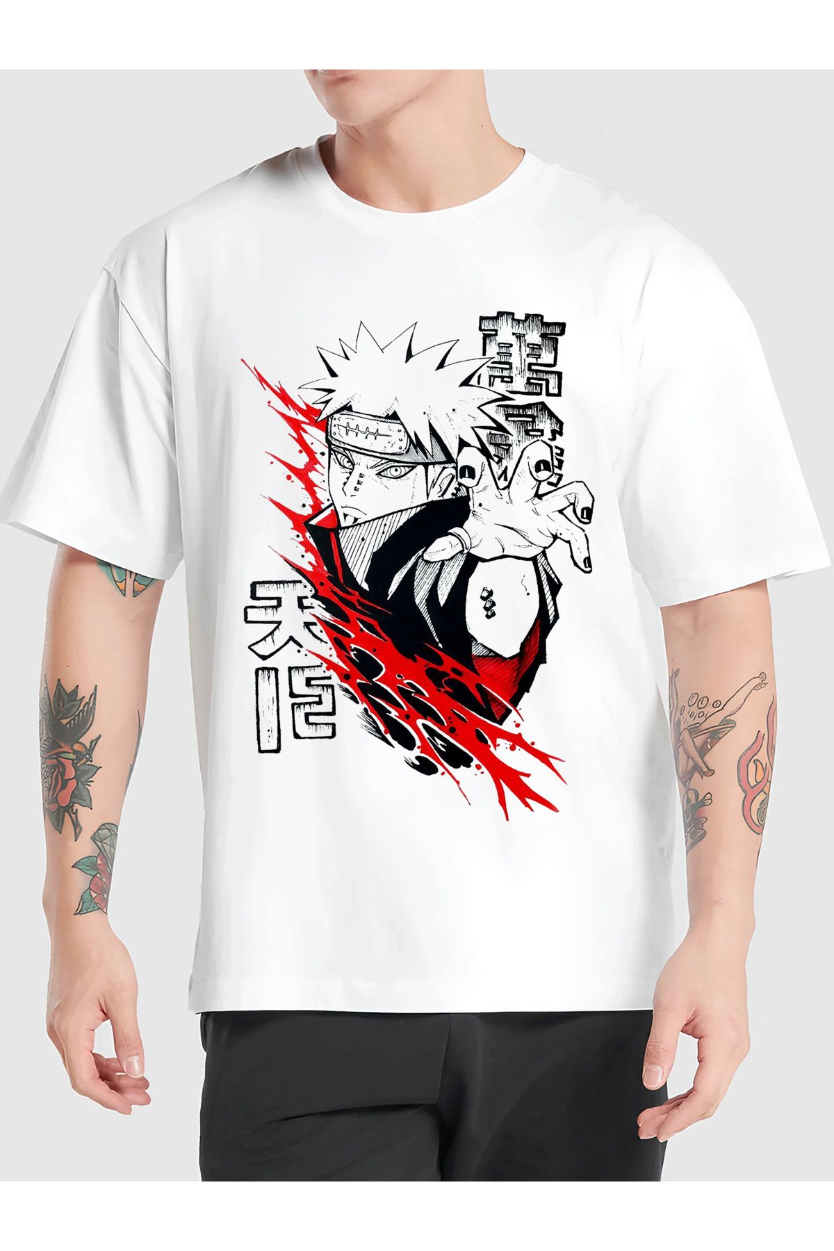 sielta Naruto Uzumaki Anime Baskılı Bisiklet Yaka Oversize Kalıp Unisex Beyaz Tişört T-shirt