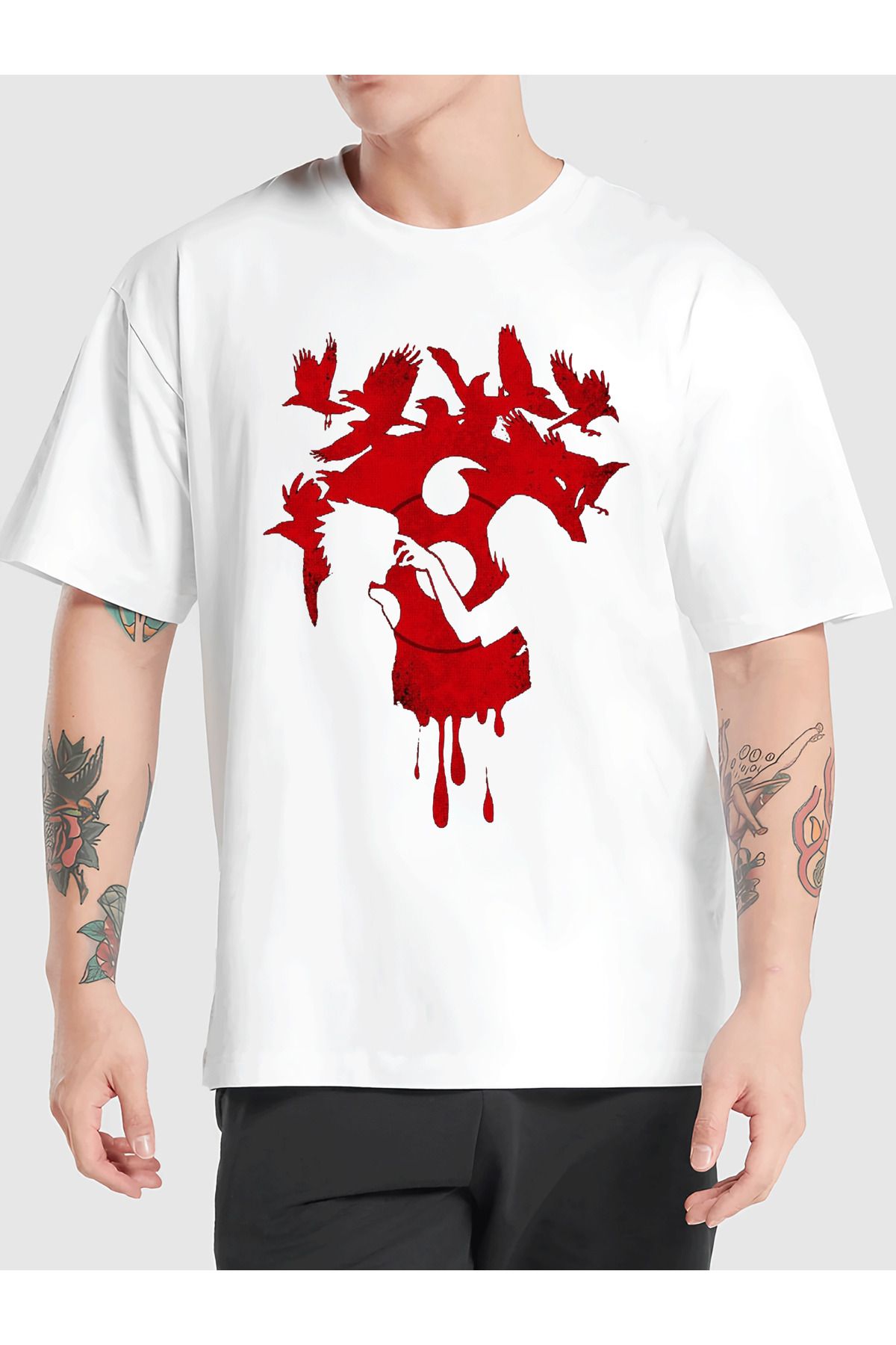 Darkia Naruto Anime Baskılı Bisiklet Yaka Oversize Kalıp Unisex Beyaz Tişört T-shirt