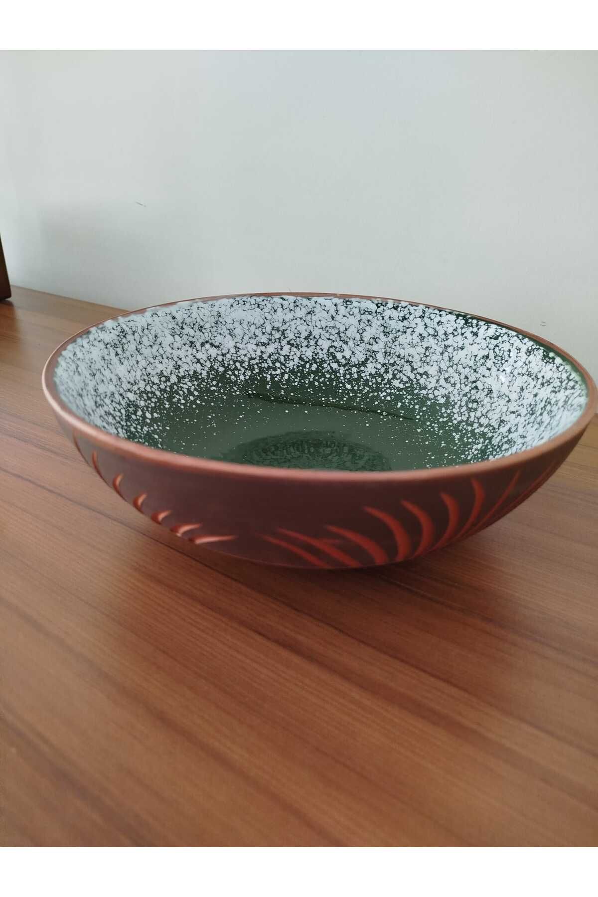Cappadocia Family Store Dekoratif 25 cm Toprak Kazımalı Yeşil & Beyaz Sırlı Sunumluk Kase