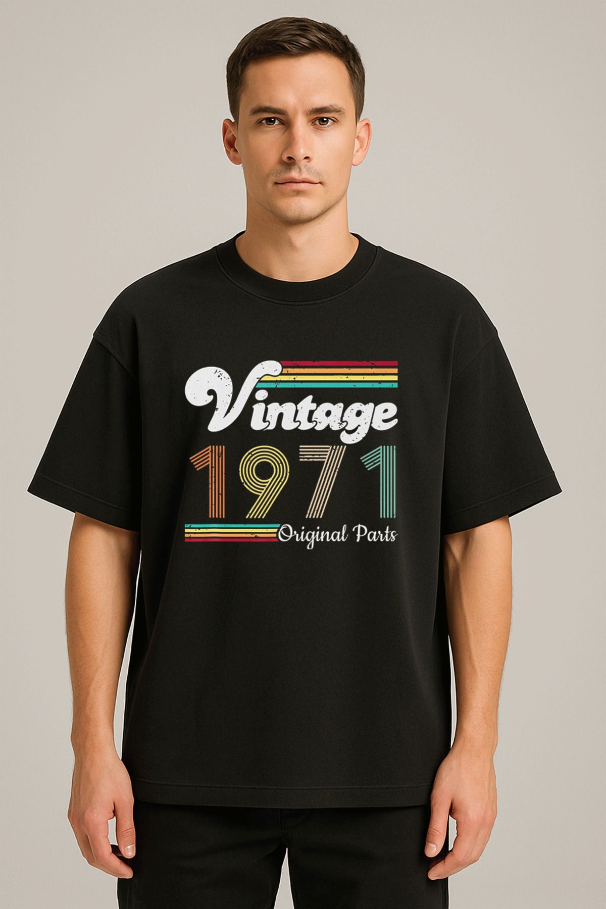 Darkia 1971 Vintage Orjinals Baskılı Bisiklet Yaka Oversize Kalıp Unisex Siyah Tişört T-shirt
