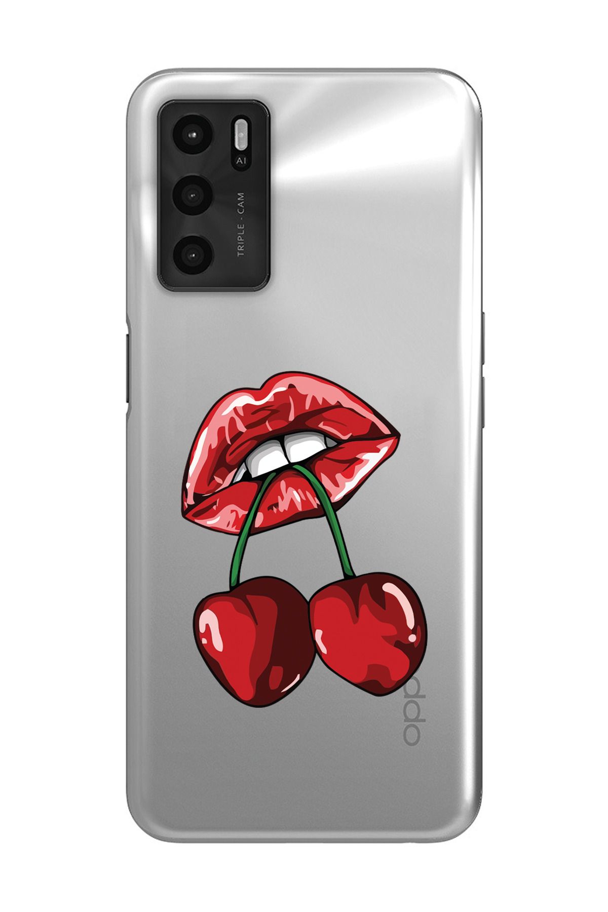 moonset Oppo A16 / A55 Uyumlu Dudak ve Kiraz Tasarımlı Baskılı Şeffaf Telefon Kılıfı