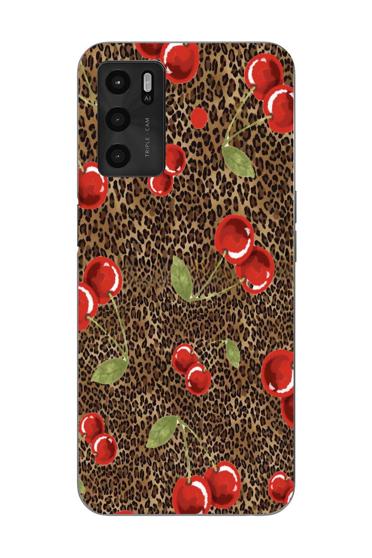 moonset Oppo A16 / A55 Uyumlu Leopar ve Kiraz Tasarımlı Baskılı Şeffaf Telefon Kılıfı